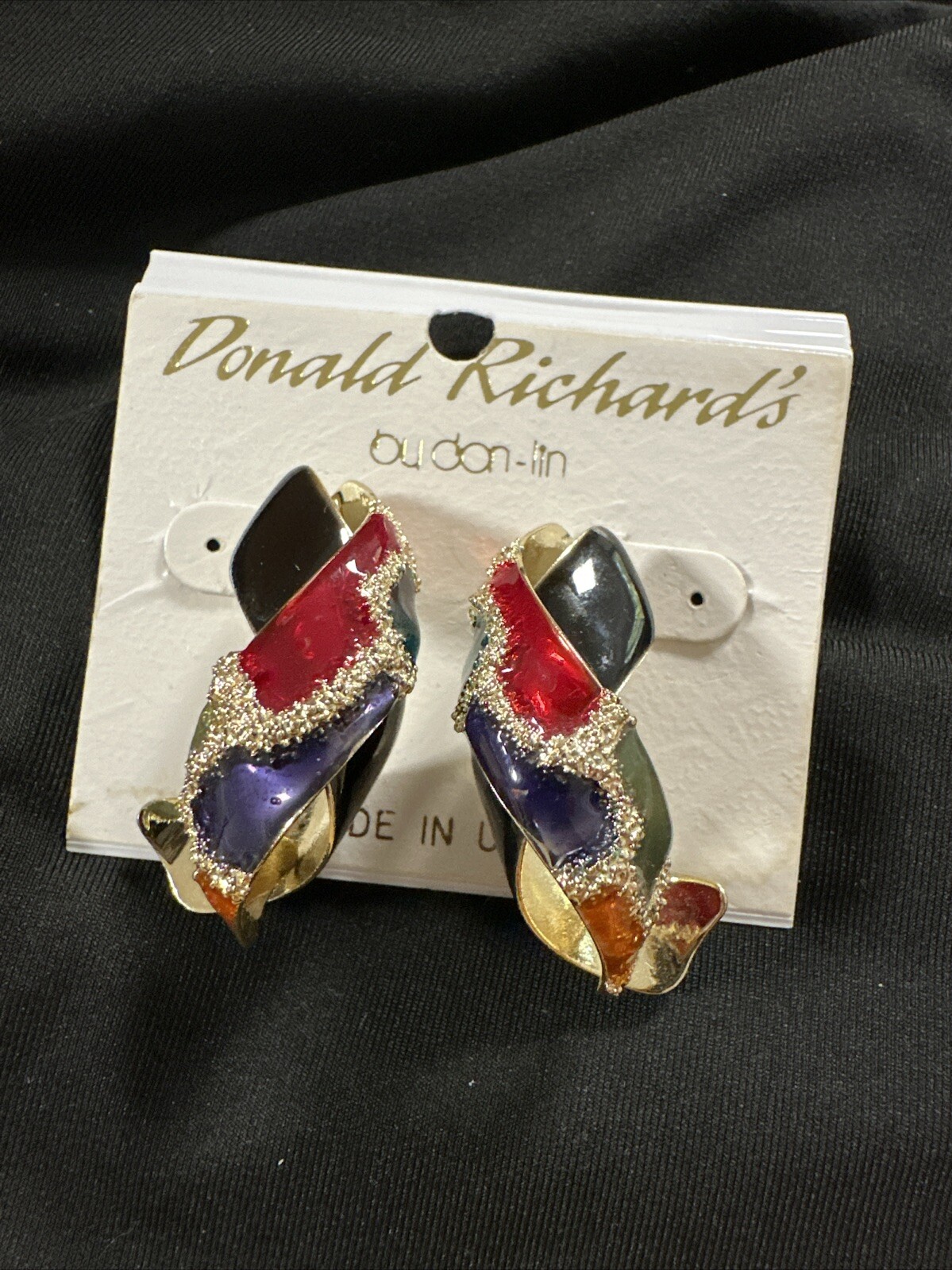 Vintage Donald Richard’s Gold Tone Colorful Enamel Criss Cross Hoop Earrings