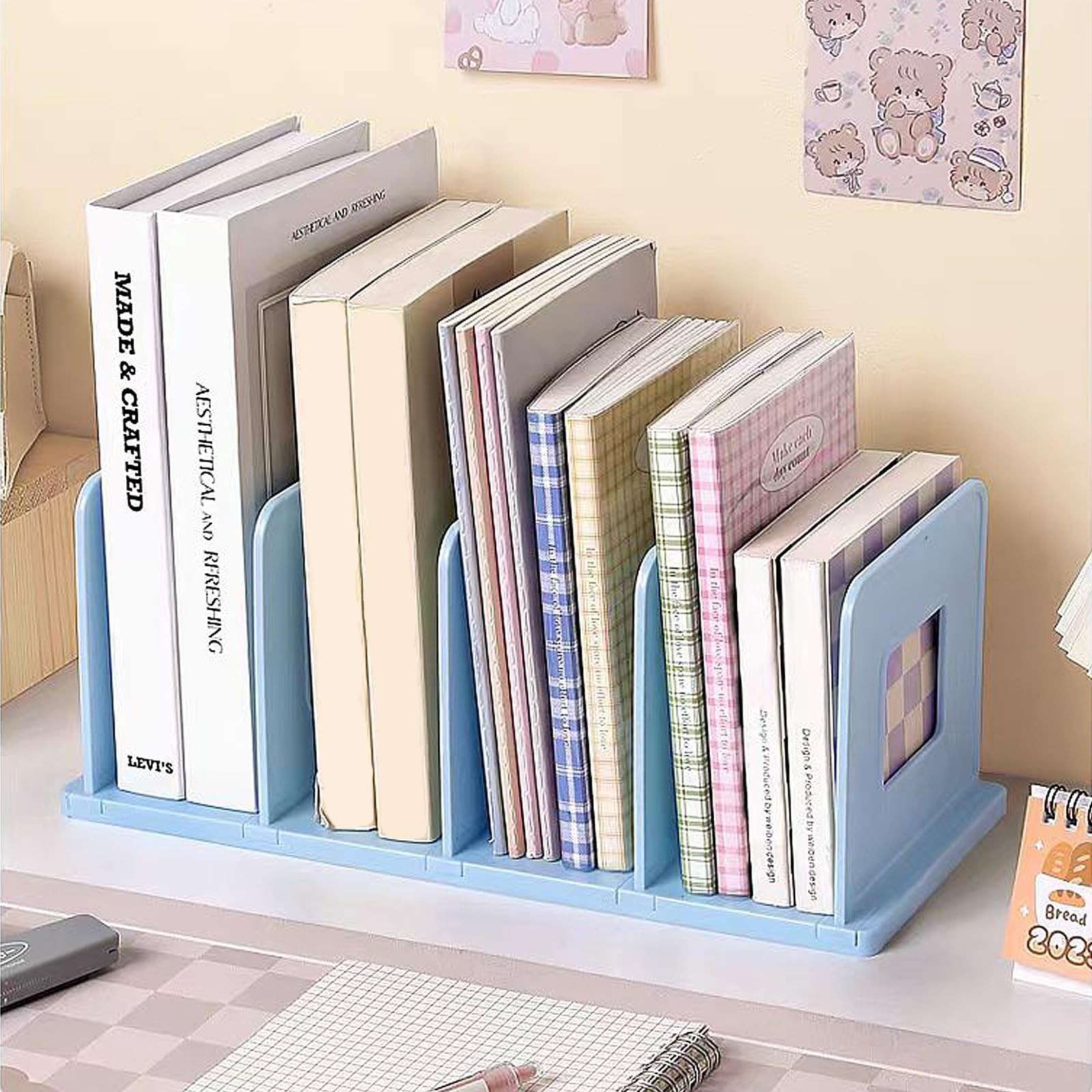 Blue Vertical Desk File Sorter 4 Section Plastic Folder Magazine Bookshelf