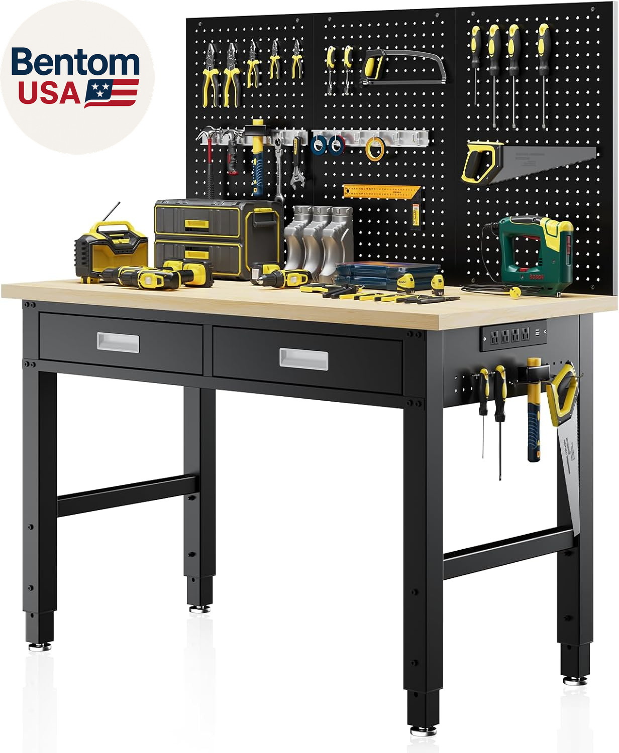 48" Heavy Duty Workbench with Power Outlets, Pegboard & Storage Drawers, 2000 LB