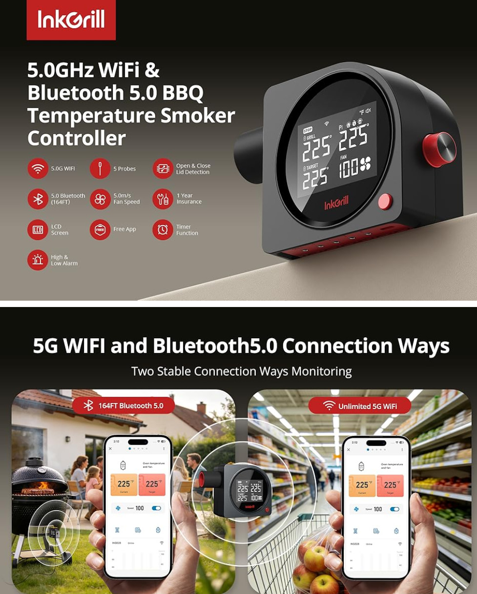 Smoker Temperature Controller 5G WiFi 164FT Bluetooth Automatic Fans, 5 Probes