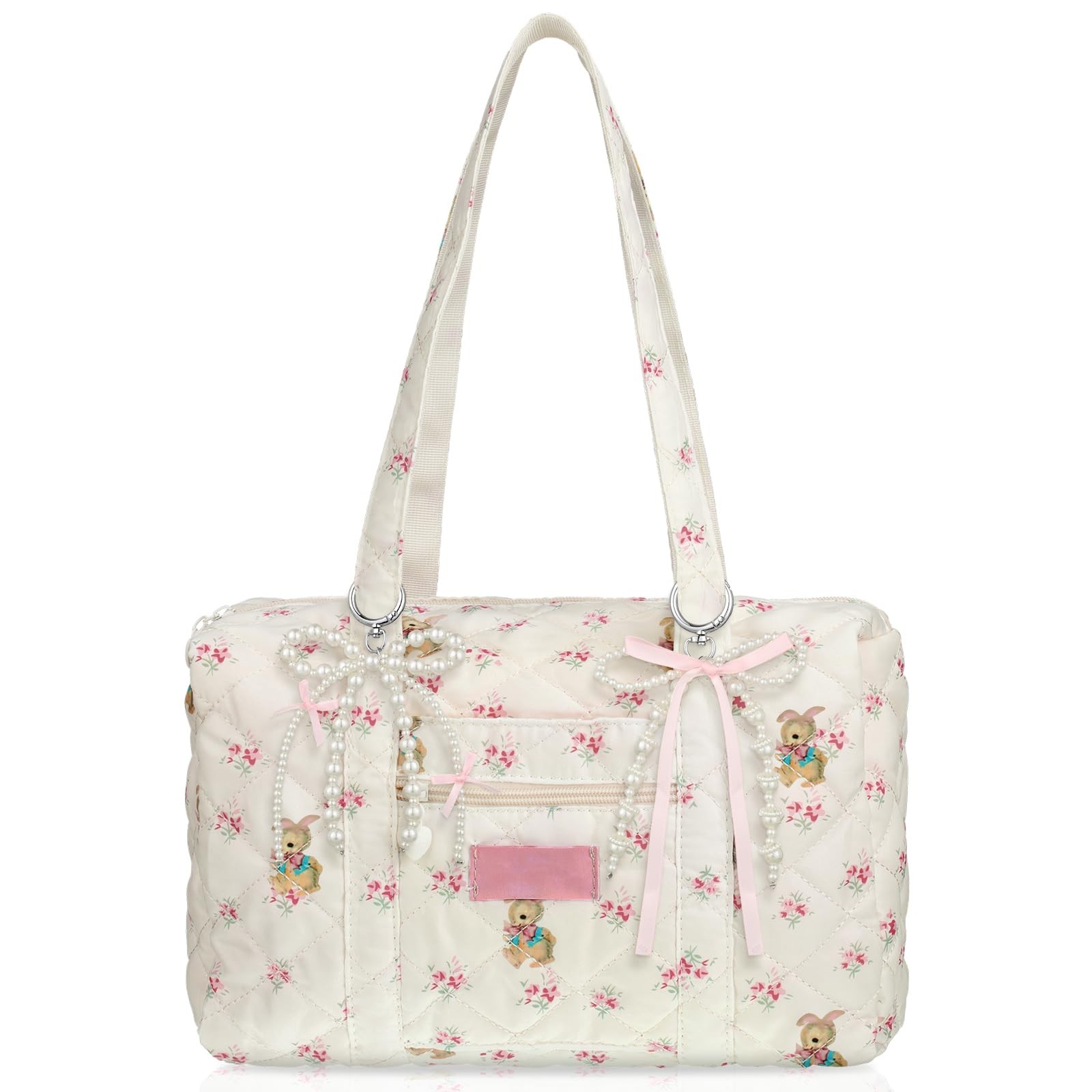 Pink Floral Quilted Duffle Bag Women Kawaii Travel Bag Bow Pearl Cute Purse