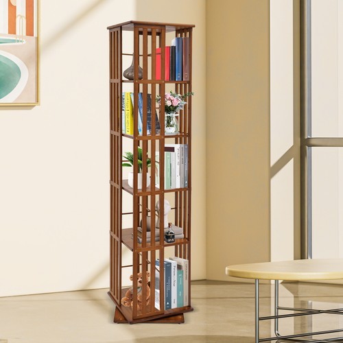 Bamboo Rotating Bookshelf 5 Tiers Open Shelving Magazine Storage Display Rack