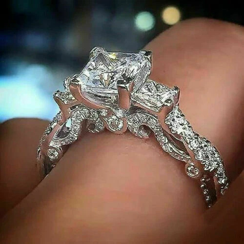 3Ct Princess Lab Created Diamond Engagement Band Ring In 14K White Gold Plated