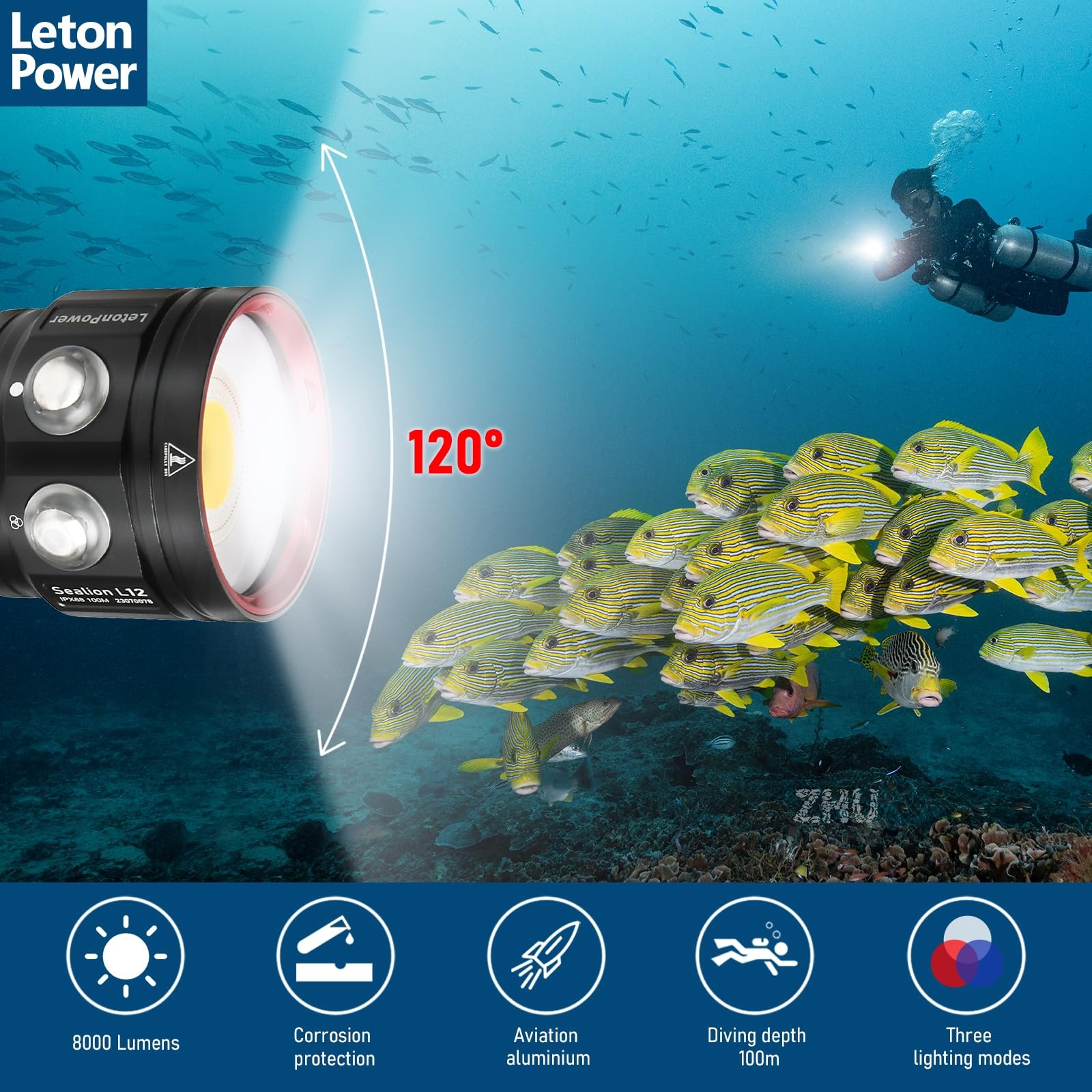 LetonPower Diving Flashlight, L12 8000Lumens Dive Light,100m L12, Sealion