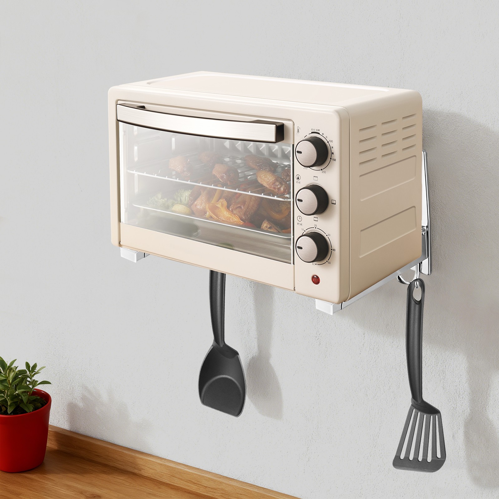 Stainless Steel Microwave Rack, Wall Mount Microwave Rack with Hooks