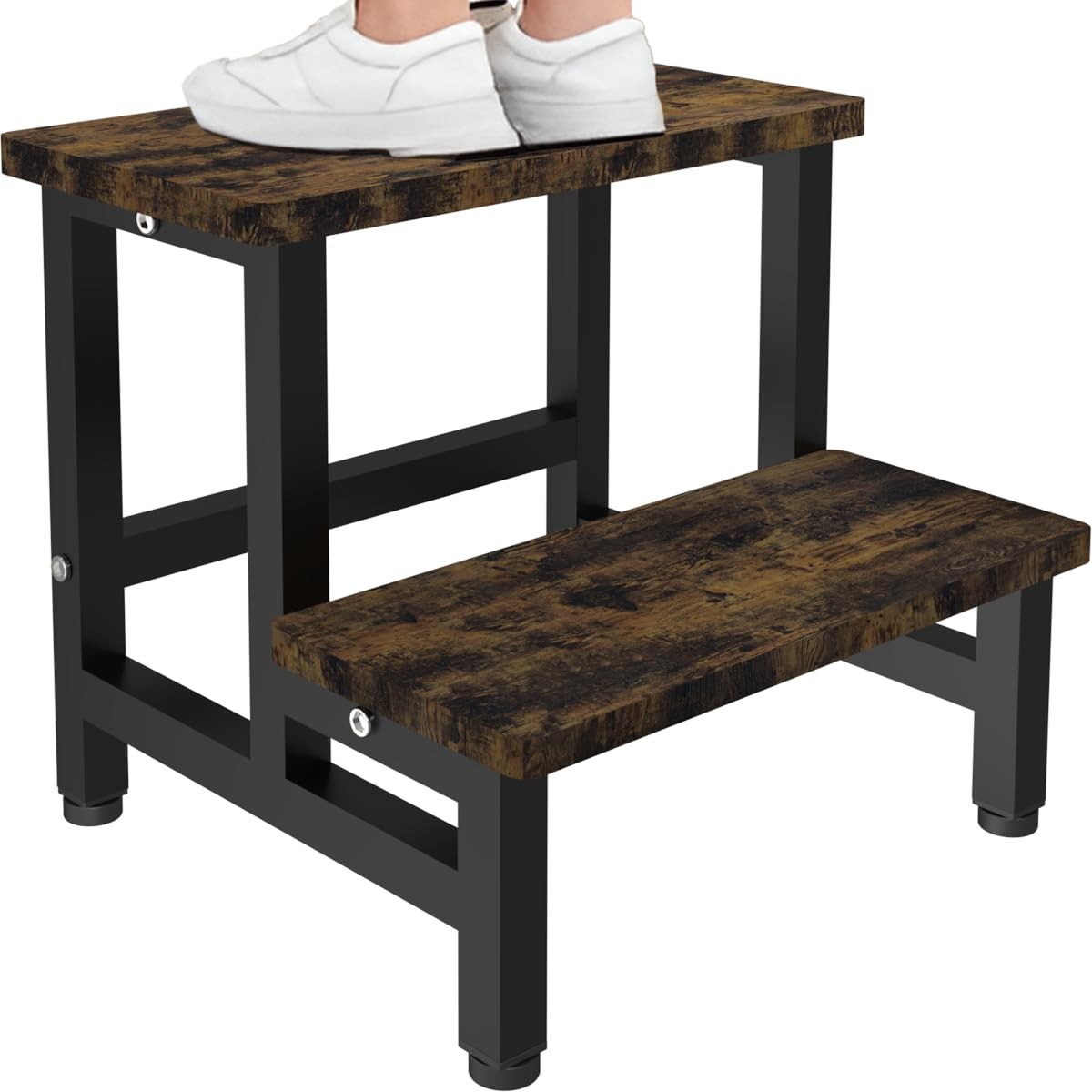 Wooden 2 Step Stool Toddler Kid Adult Heavy Duty 500 Lbs Rustic Brown Black