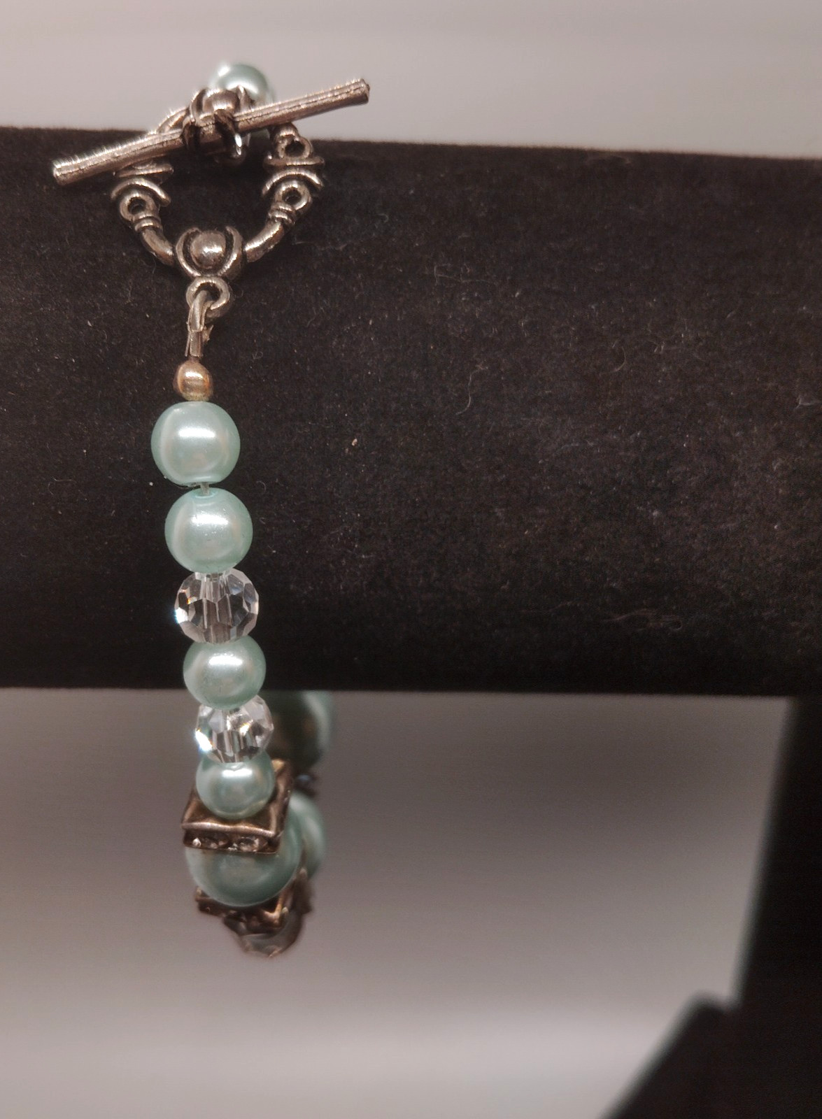 Handcrafted Bracelet Powder Blue Beads, Clear & Rhinestone Rings Ring/Bar Clasp