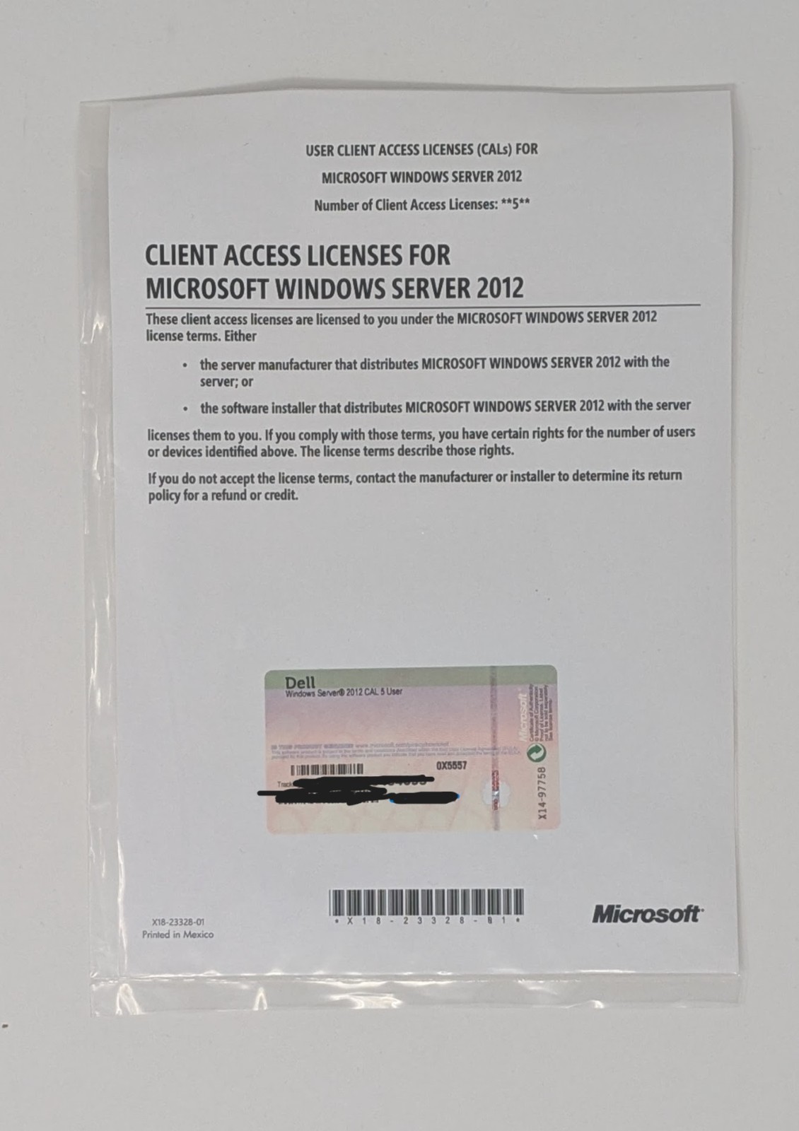 Microsoft Windows Server 2012 5 User - Dell 0X5557 New Sealed