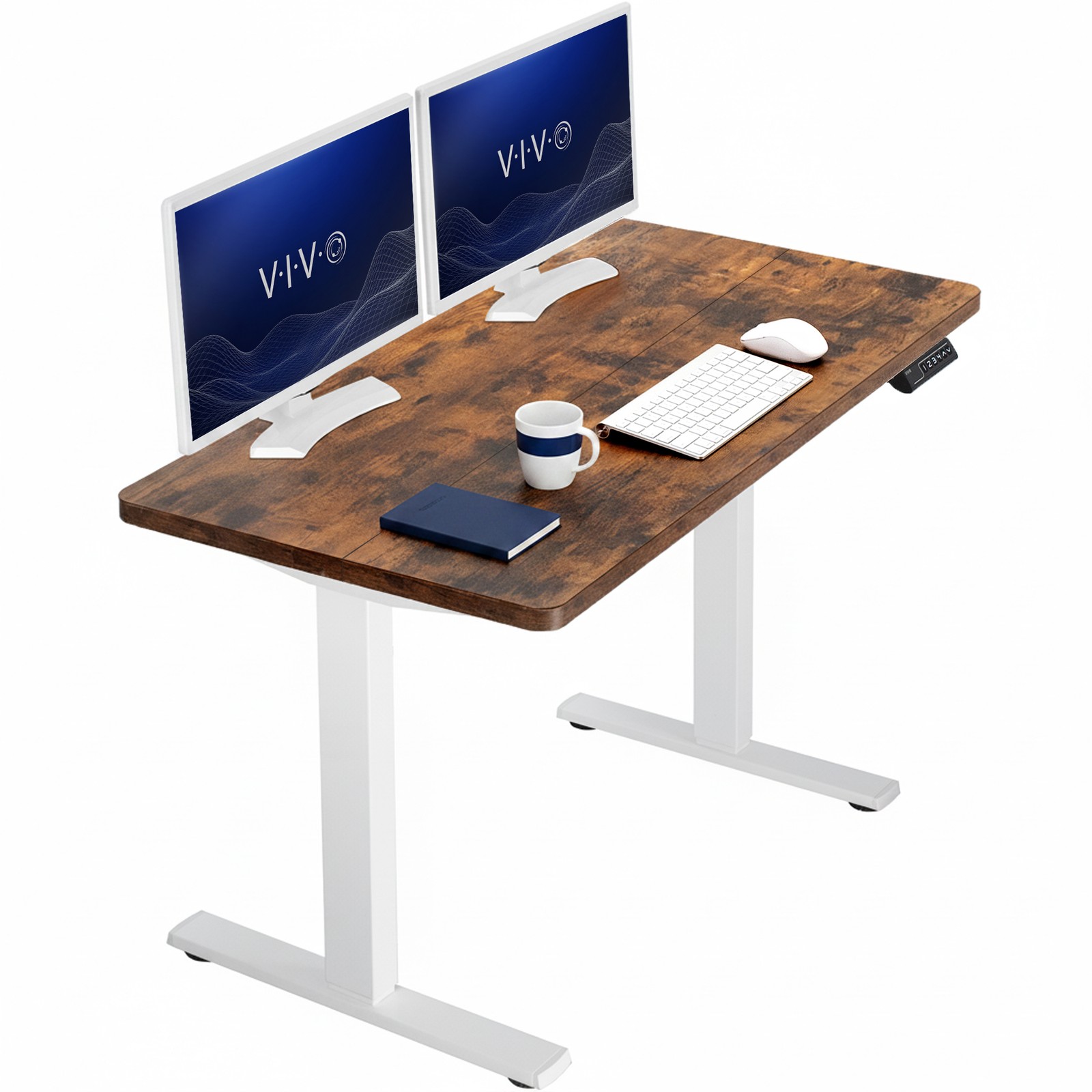 VIVO Electric 43” x 24” Stand Up Desk, Rustic Vintage Brown Tabletop White Frame