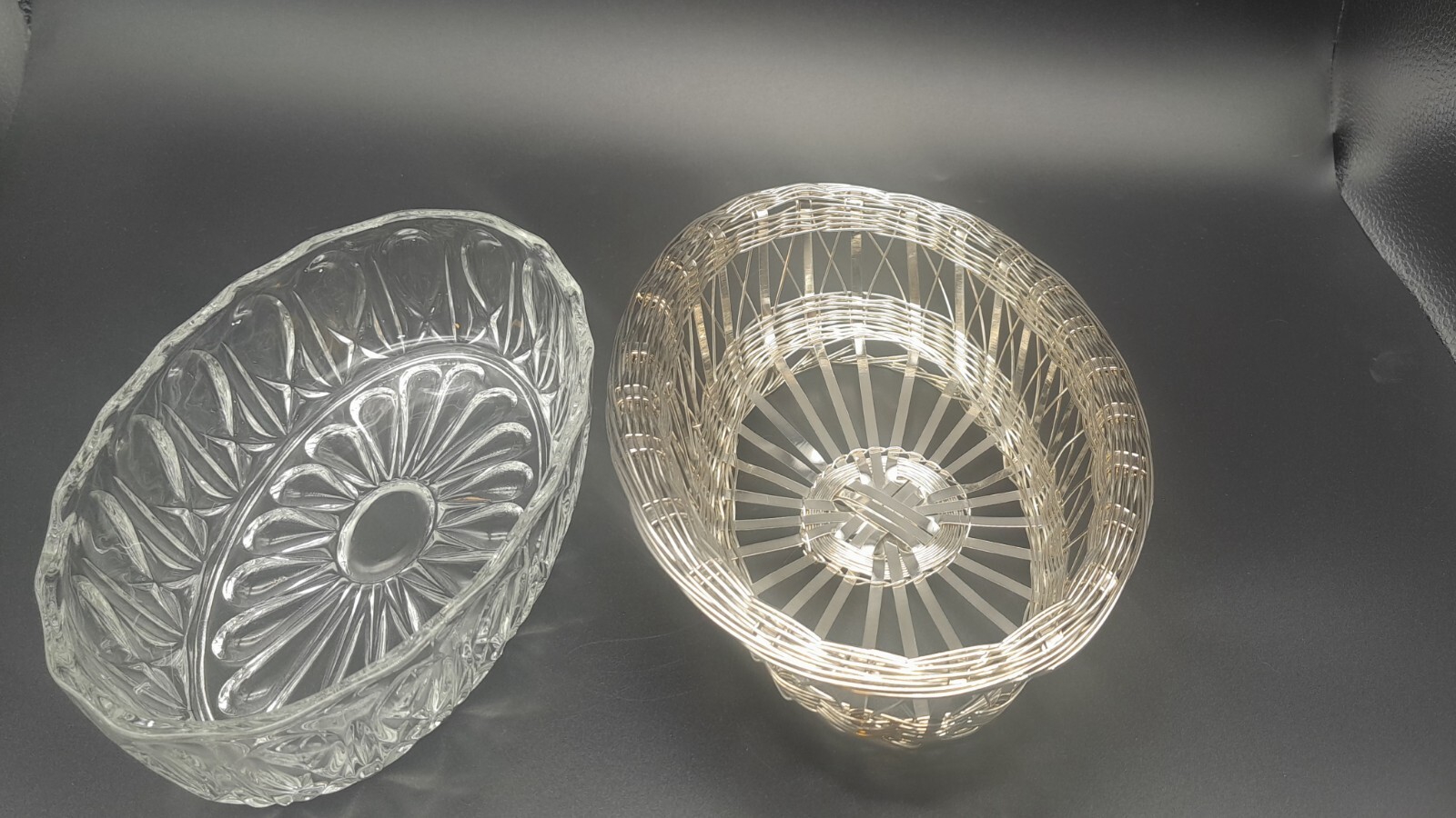 French Woven Braided Silver Wire Oval Basket Glass Incert Marked Reims