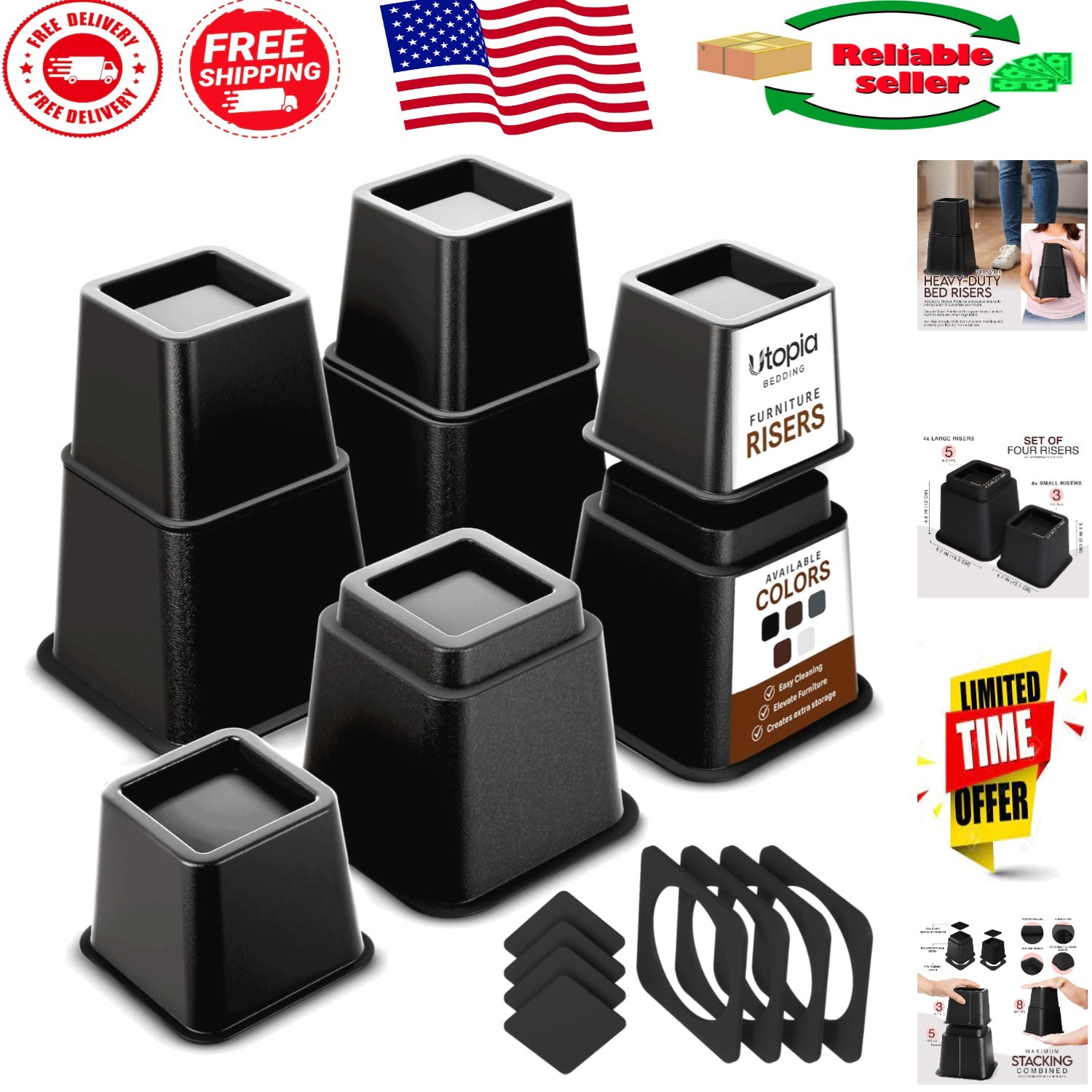 Versatile Black Bed Risers 3 & 5 Inch - Strong & Anti-Slip Design for Stability