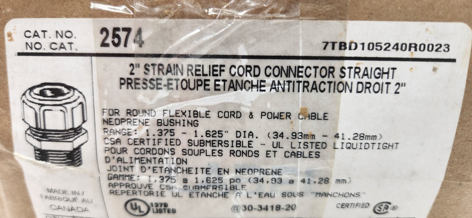THOMAS & BETTS 2574, 2" Cord & Cable Connector, Range: 1.375"-1.625"