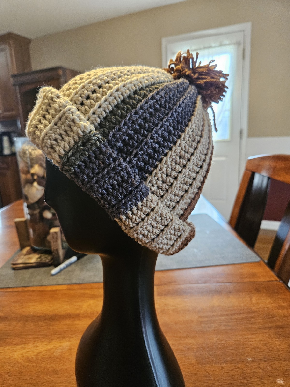 Handmade Crochet Multicolor Beanie Hat with Pom Pom, Warm Soft Winter Accessory