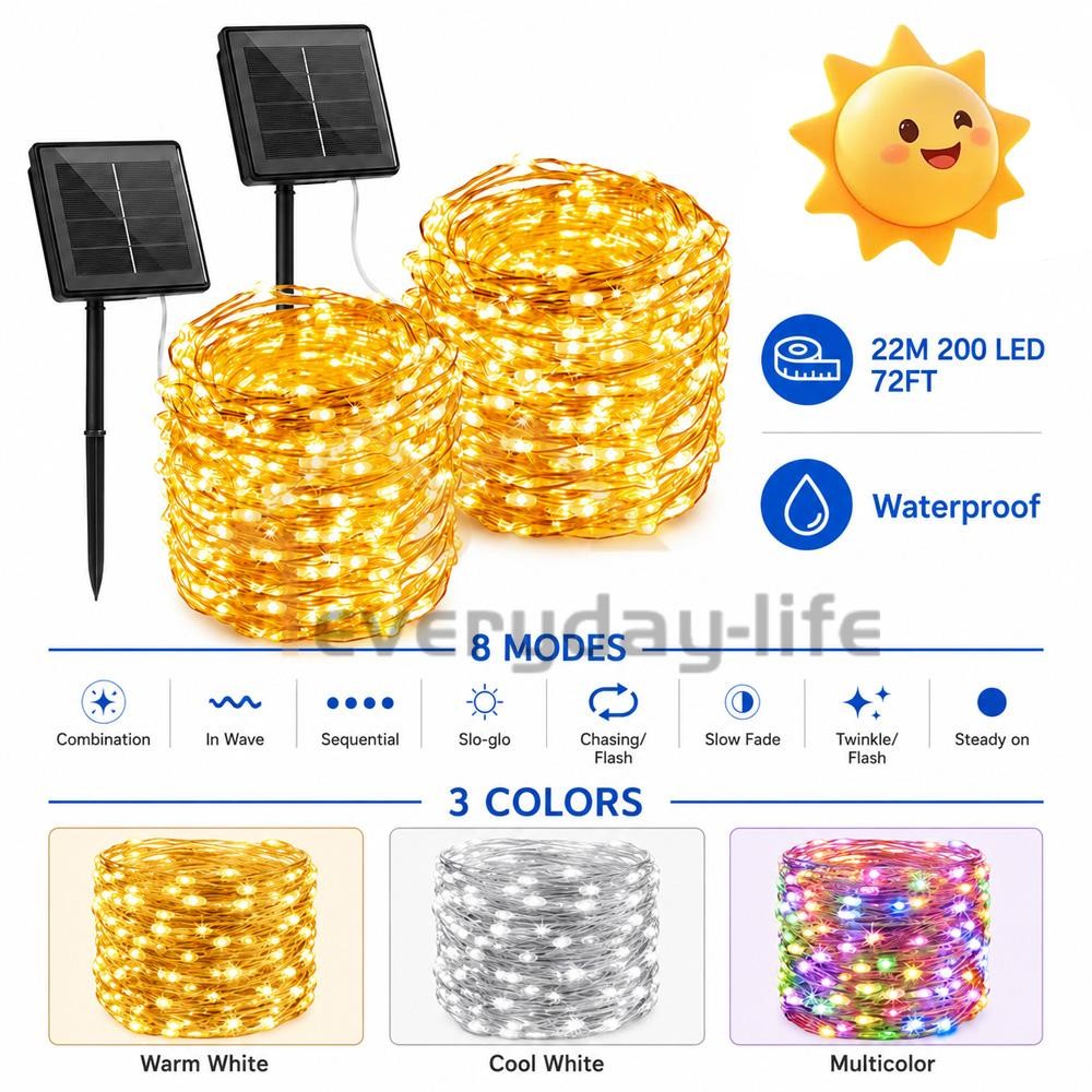 Solar String Lights, 72Ft 200 LED Solar Fairy Lights with 8 Modes & Waterproof