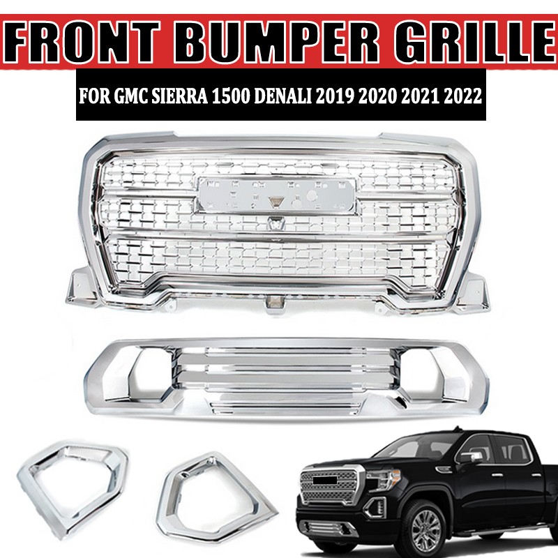 4pcs For 2019-2022 GMC Sierra 1500 Denali AT4 Front Grille Plate + Fog Bezel Kit
