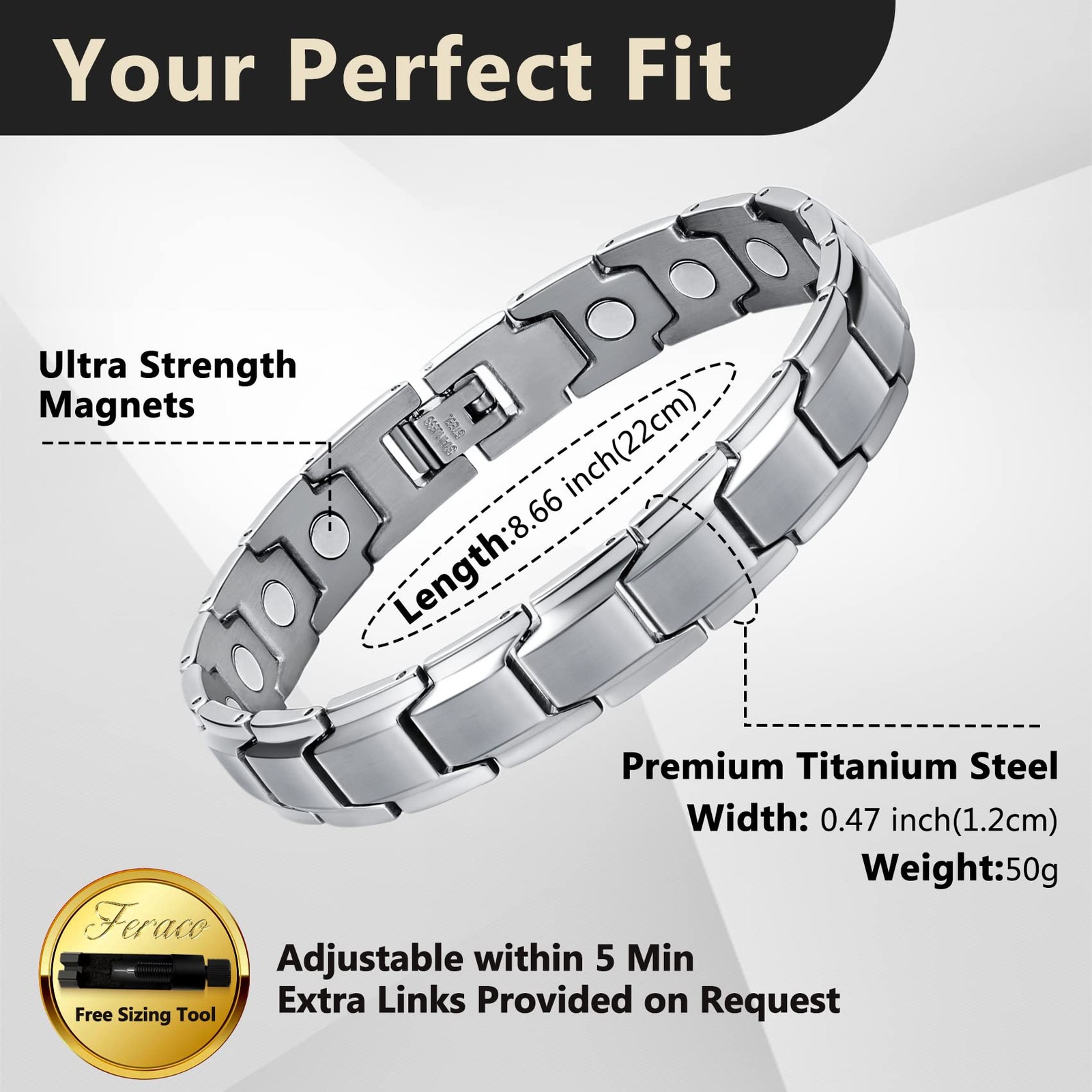 Feraco Mens Magnetic Bracelet Titanium Steel 1 Count (Pack of 1), Silver
