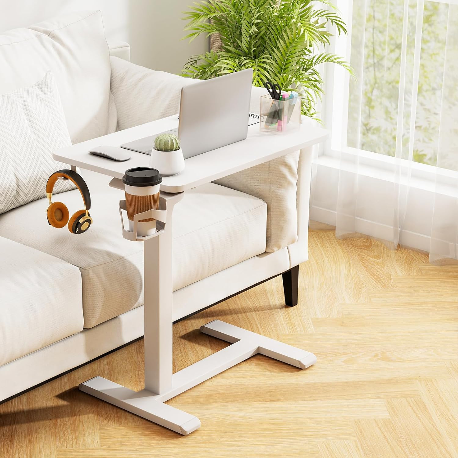 Pneumatic Mobile Standing Desk with Cup Holder & Headphone Hook - White