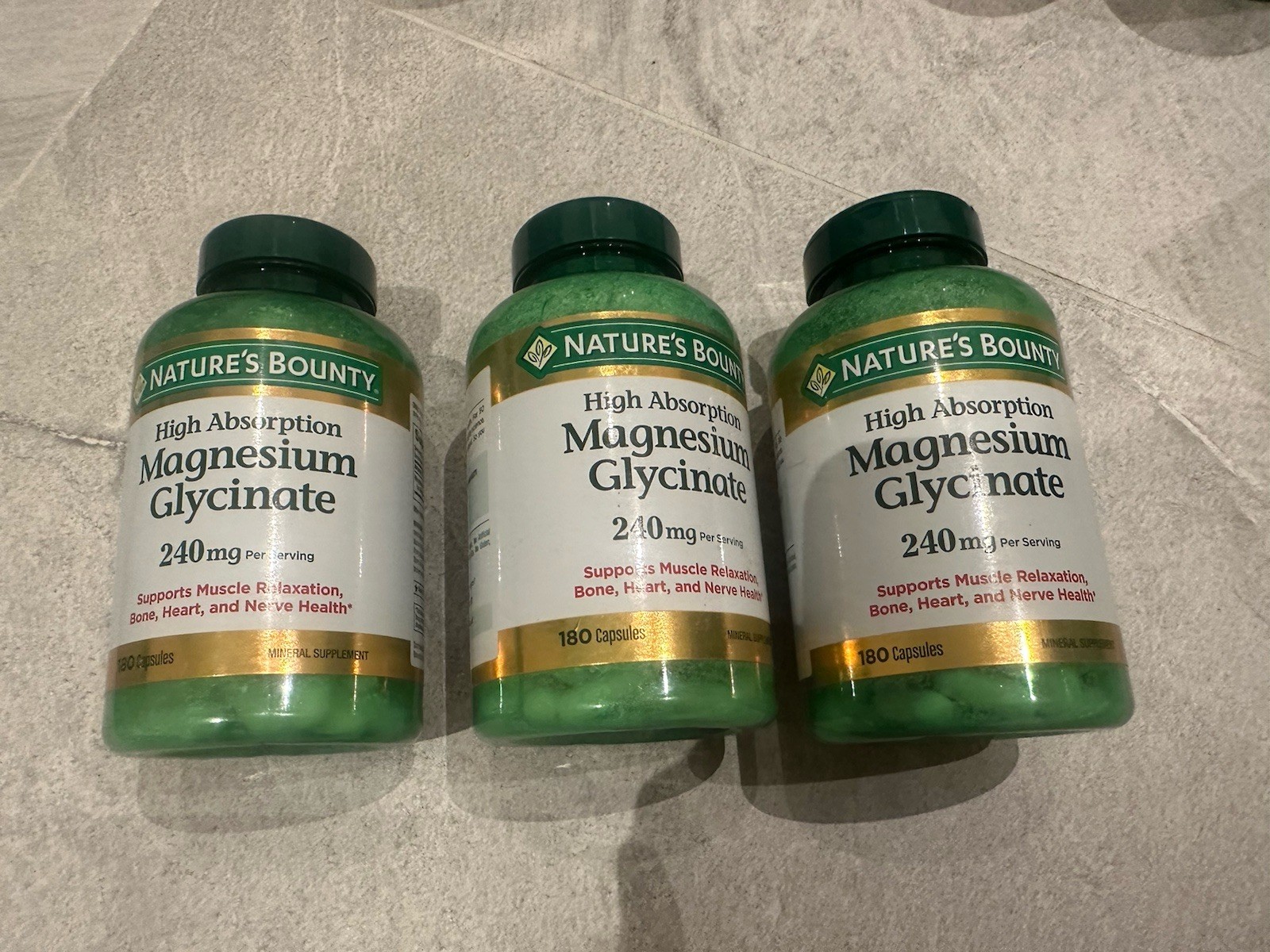Nature's Bounty High Absorption Magnesium Glycinate 240mg 180 Caps 3PACK See Des