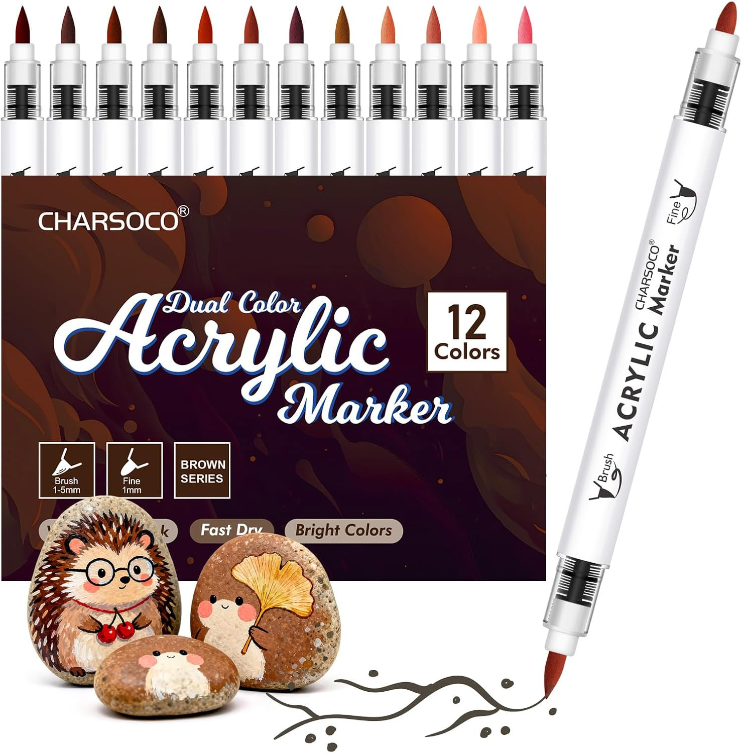 Brown Tones Acrylic Paint Pens, 12 Colors Markers Set with Soft Brush & Bullet T