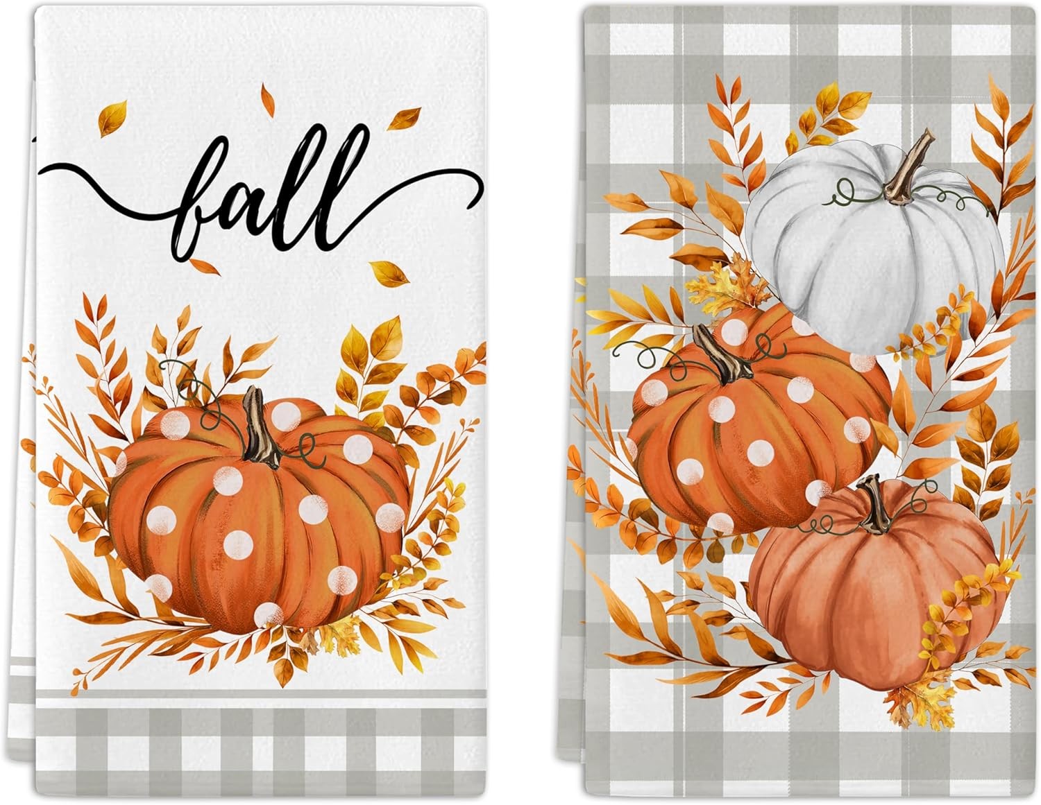 Fall Hand Towels Set of 2 Buffalo Plaid Pumpkin Bathroom Decorative Towel