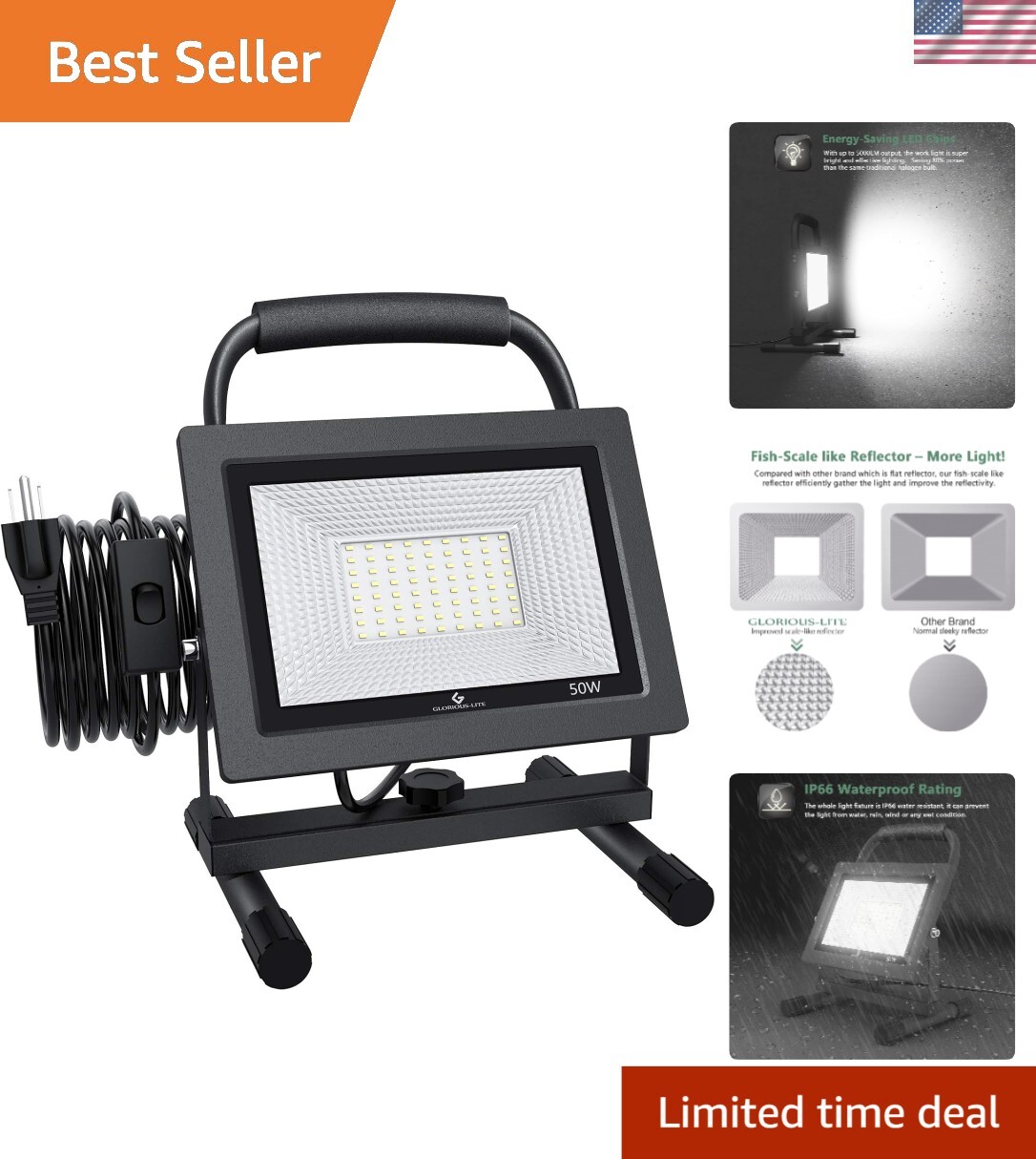 Adjustable 50W LED Flood Light with 16ft Cord - Perfect for Construction Sites