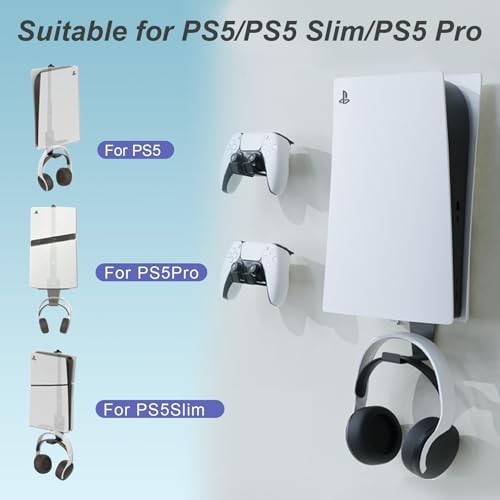 Heavy-Duty PS5 Wall Mount Kit for Cooling & Protection, 2 Controller & Headset H