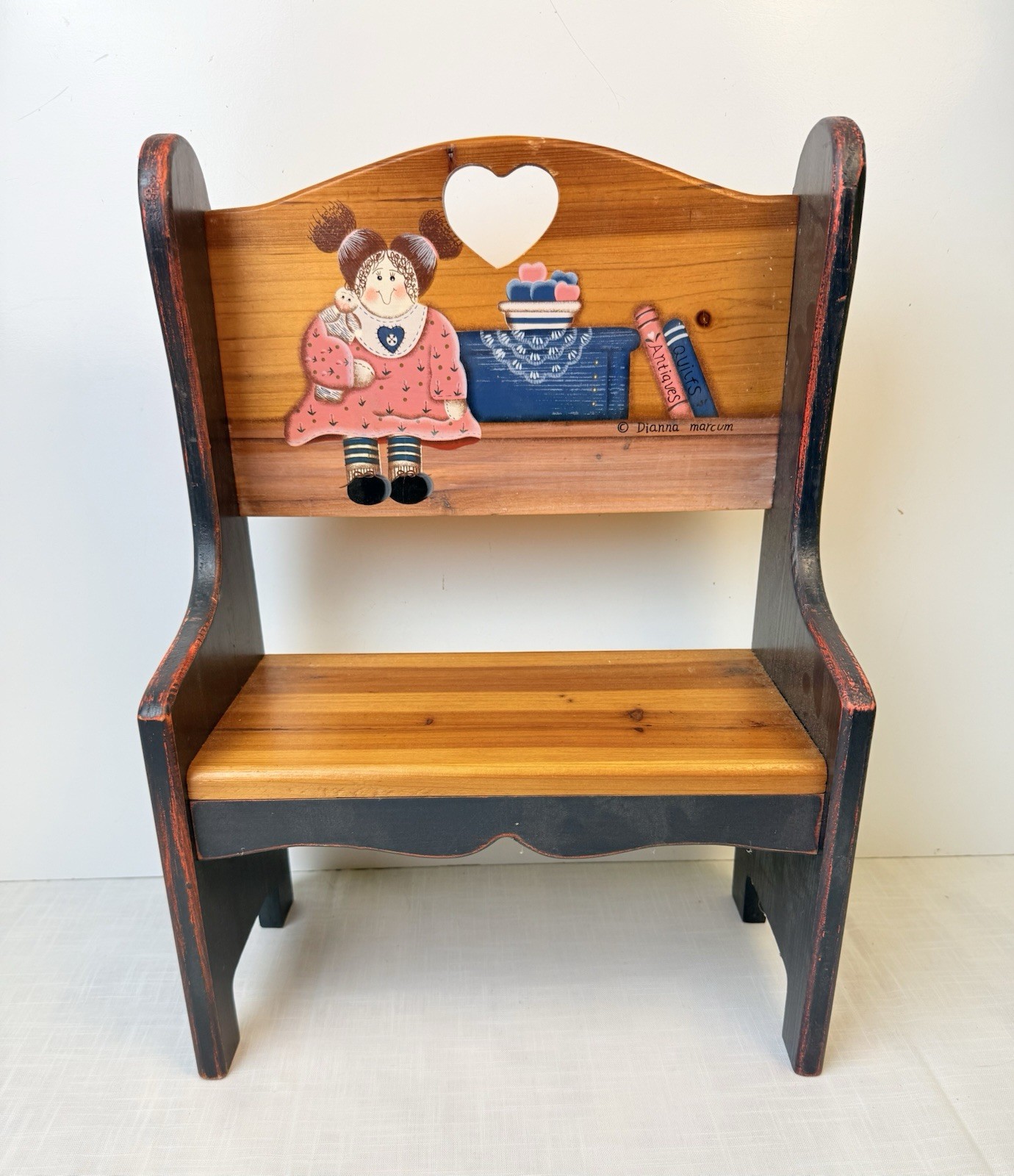 PINE COUNTRY BENCH WITH RAG DOLL DESIGN BY ARTIST DIANNA MARCUM VERY NICE SALE