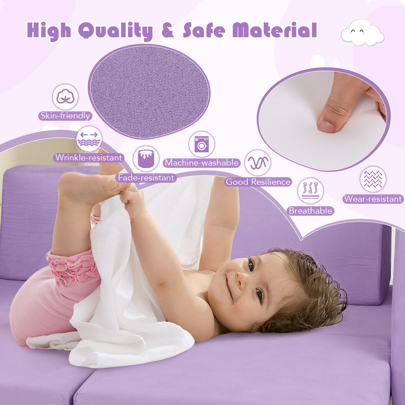 8 PCS Modular Kids Play Couch Sofa w/ Suede Fabric Cover High-Density Foam