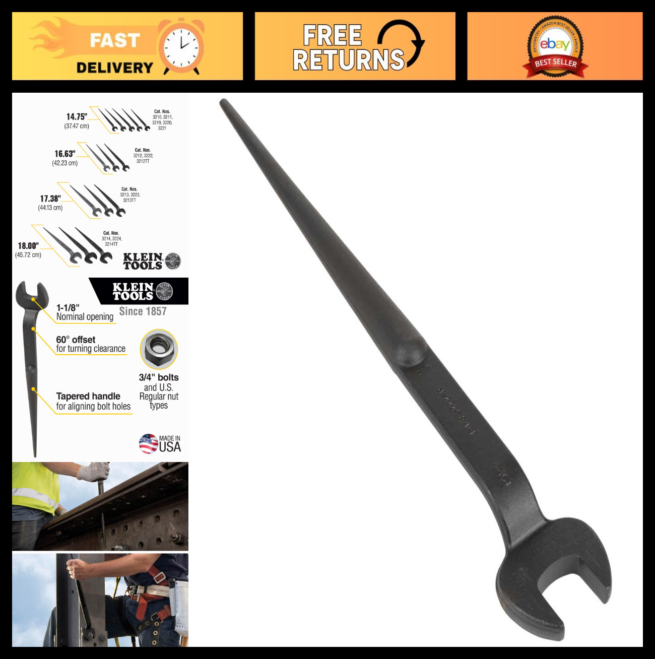 Heavy-Duty Construction Spud Wrench 1-1/8" Opening, 3/4" Bolt, Made in USA