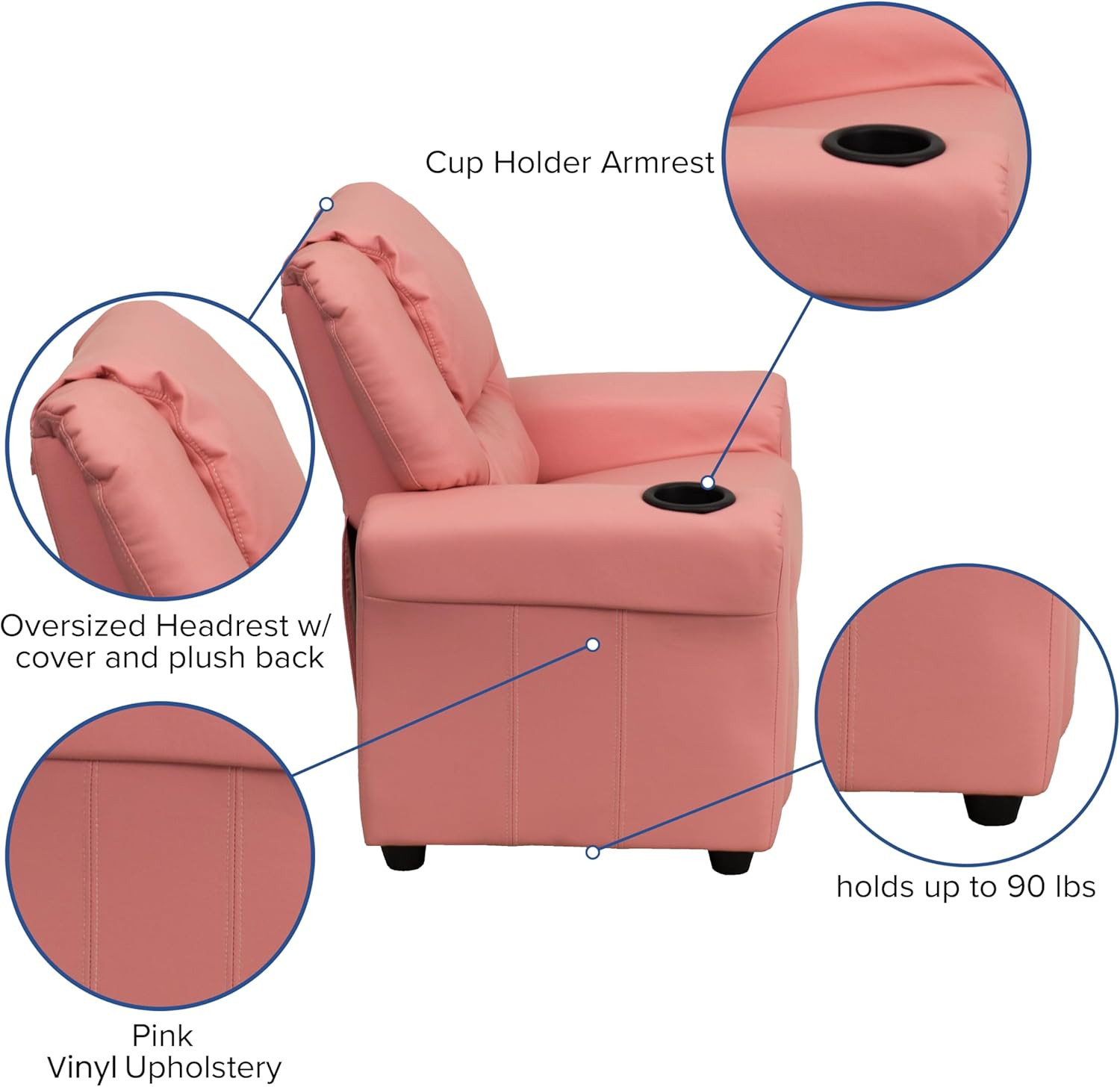 Pink Kids Recliner Chair with Cup Holder & Safety Recline, Supports 90 lbs