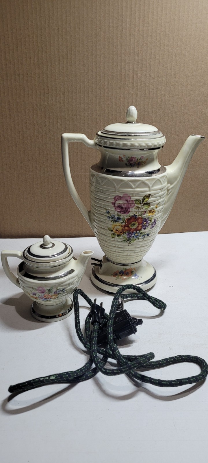 Vintage Porcelain Electric Coffee Pot and Cream Pot by Porcelier - Works! RARE
