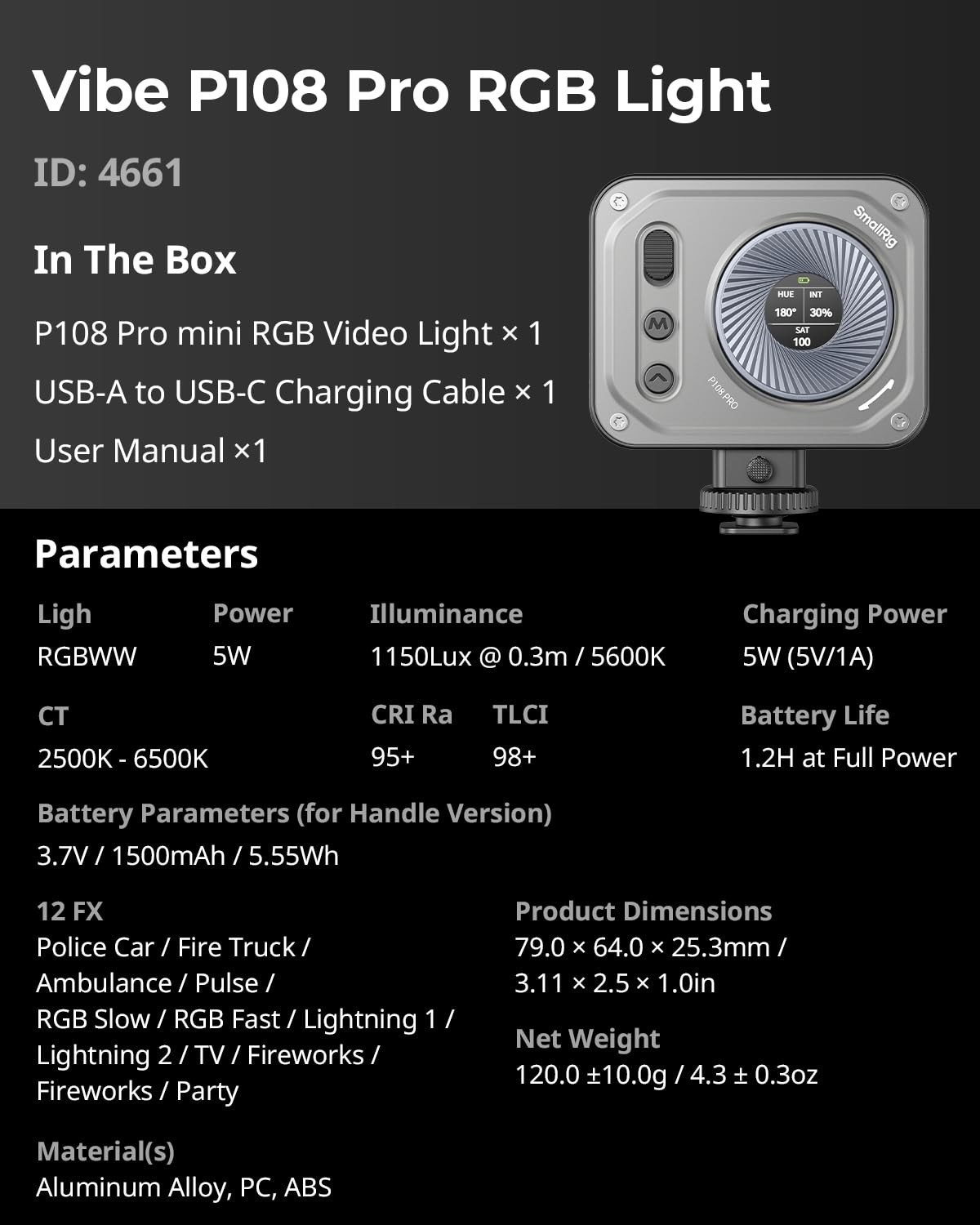 Vibe P108 Pro RGB Video Light Portable LED Camera Light Photography CRI95+