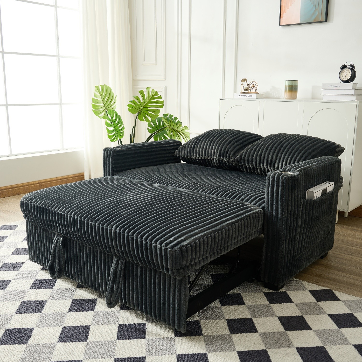 Convertible Sleeper Sofa Bed Corduroy Loveseat Sofa with Pull Out Bed & USB Port