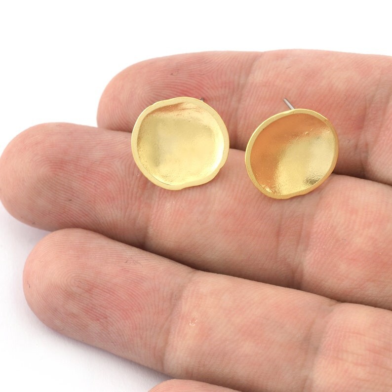 1 pair Round Disc Earring Stud Posts with Loop , Shiny Gold Plated Brass ,5392