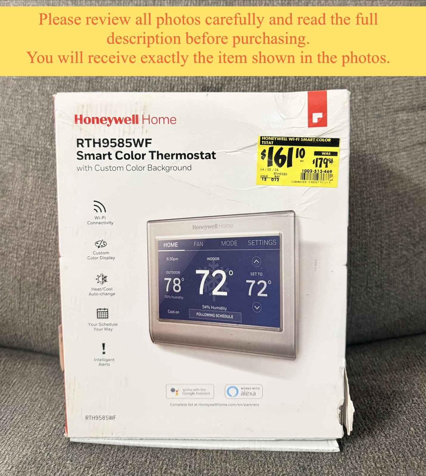 Honeywell Home RTH9585WF Wi-Fi Smart Color Thermostat, 7 Day Programming - NEW