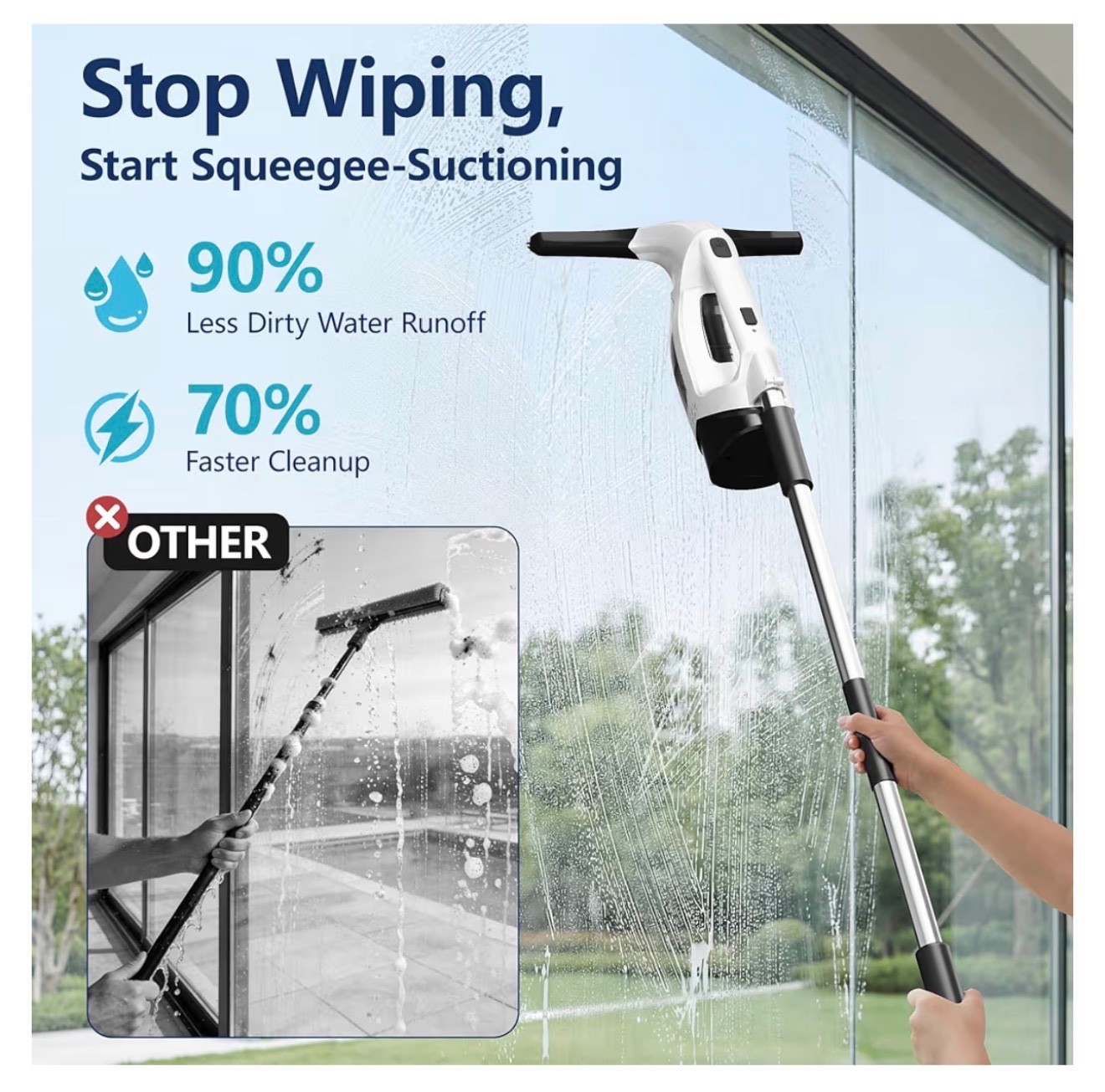Window Vacuum Squeegee with Extendable Pole 31-40", 2000Pa Electric Window Clean