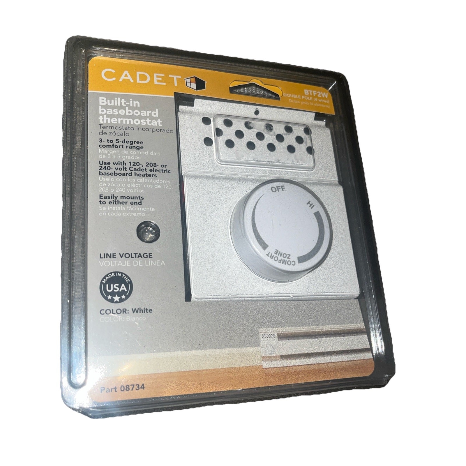 Cadet 08734 White Double-Pole Built-In Thermostat Baseboard BTF2W