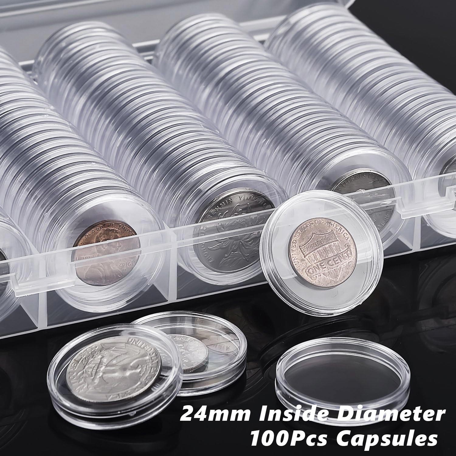 100pc 24mm Airtight Direct Fit Coin Holder Capsules for US Quarters Storage Case