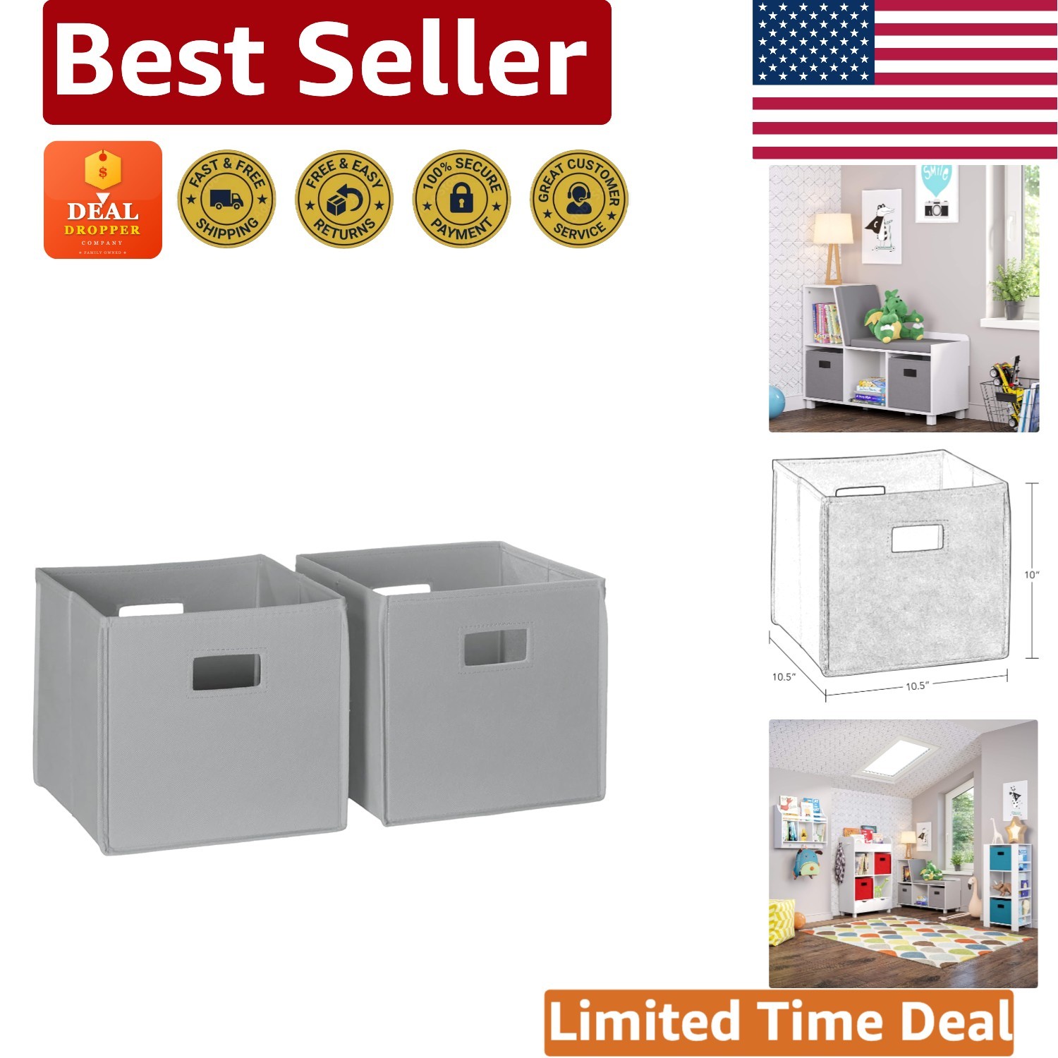 Versatile 10.5in Gray Cube Storage Bins - Folding Organizers for Home & Playroom