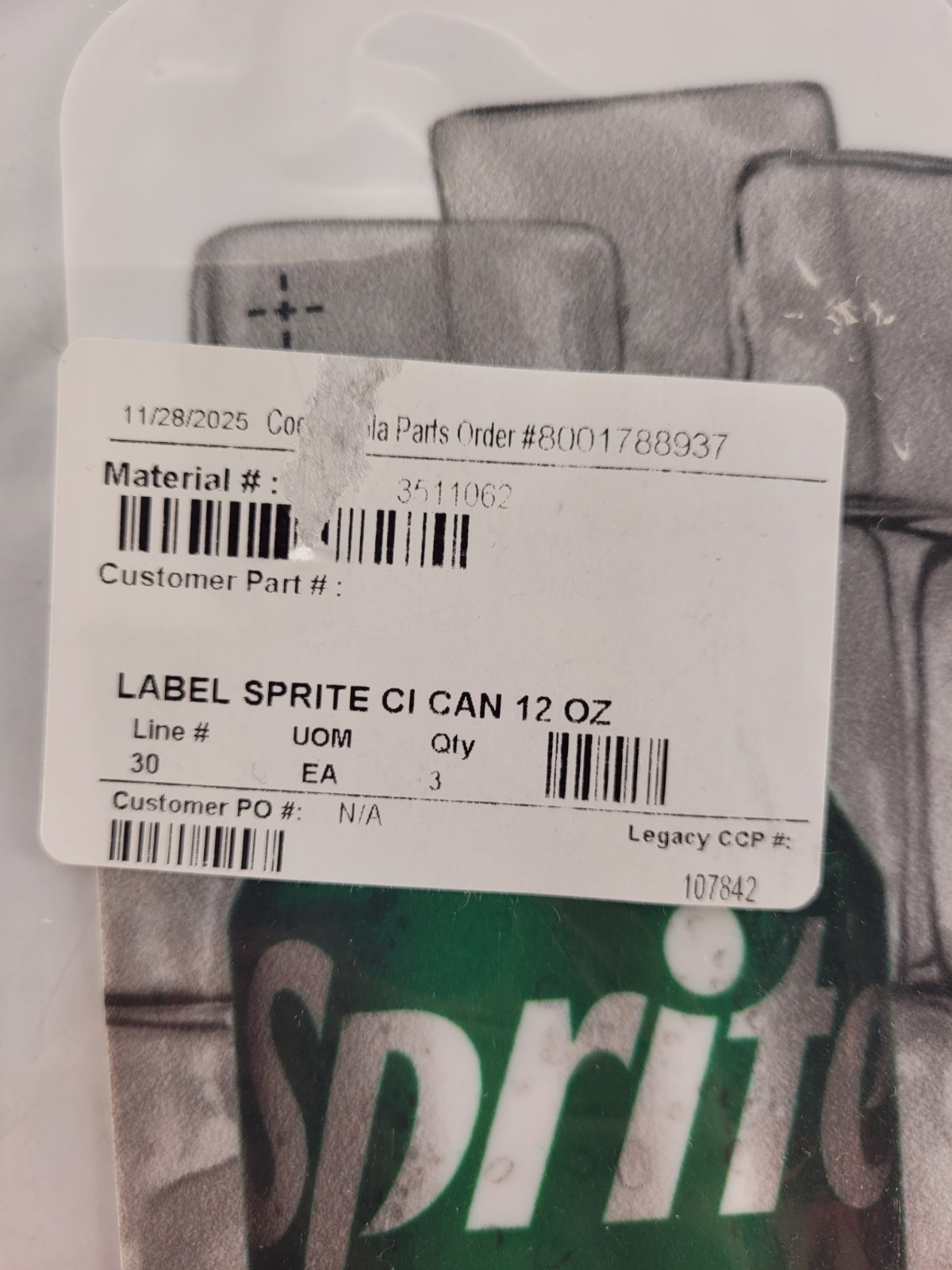 Coca Cola Parts Label Sprite Can 12 Oz 3511062
