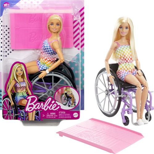 Mattel - Barbie Fashionista Doll with Wheelchair & Ramp, Blond Hair, Rainbow Dre