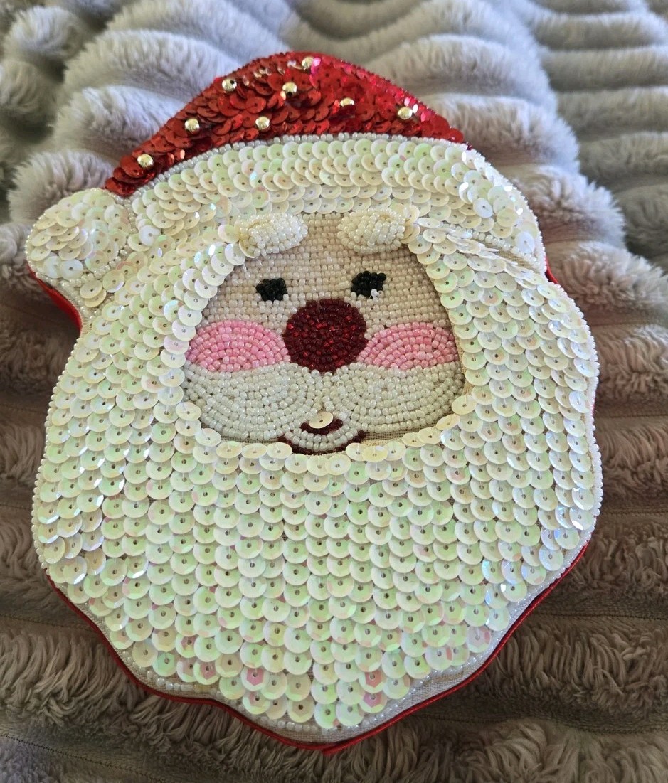 Santa Shaped Sequined Box Trinket Container Present Box Holiday Whimsical EUC!