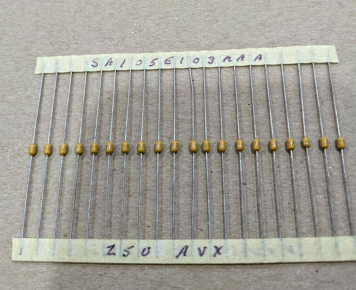 AVX SA105E103MAA .01uF 20% 50V axial capacitors - 20 pieces NEW / Old Stock