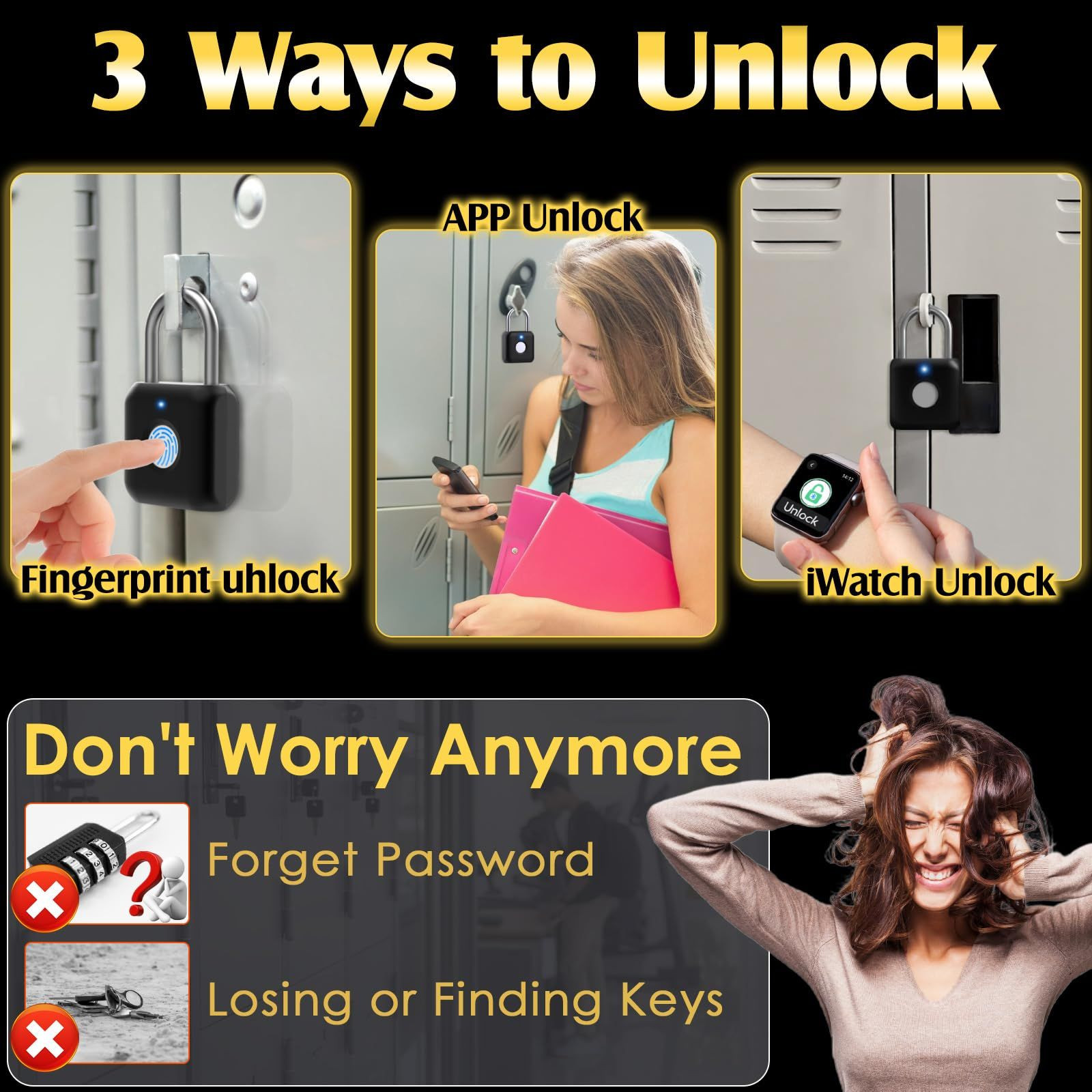 Fingerprint Padlock, Pothunder Smart Locker Lock, Small, Onyx Black