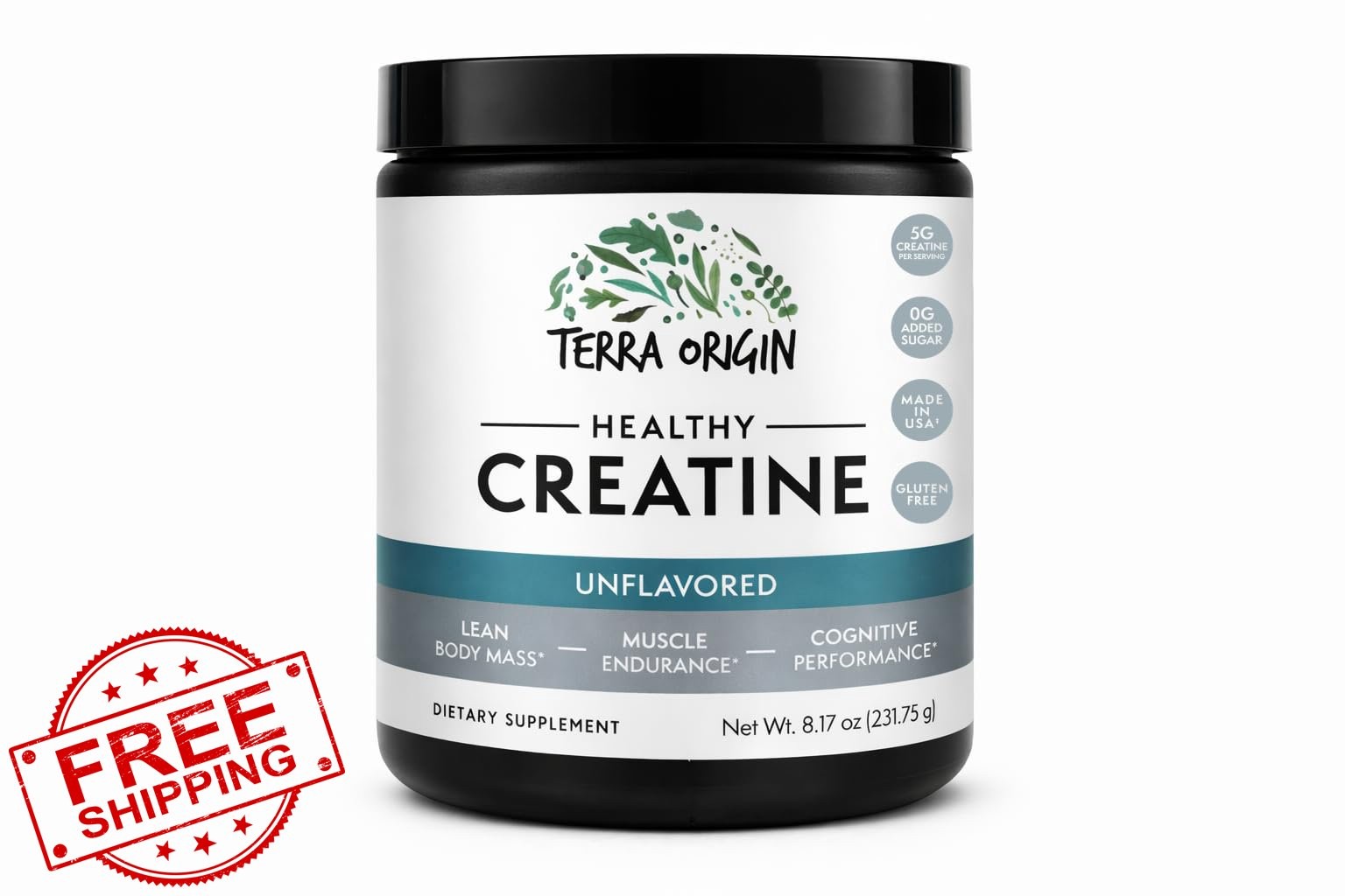 TERRA ORIGIN Creatine Monohydrate Powder Unflavored 45 Servings Gluten Free