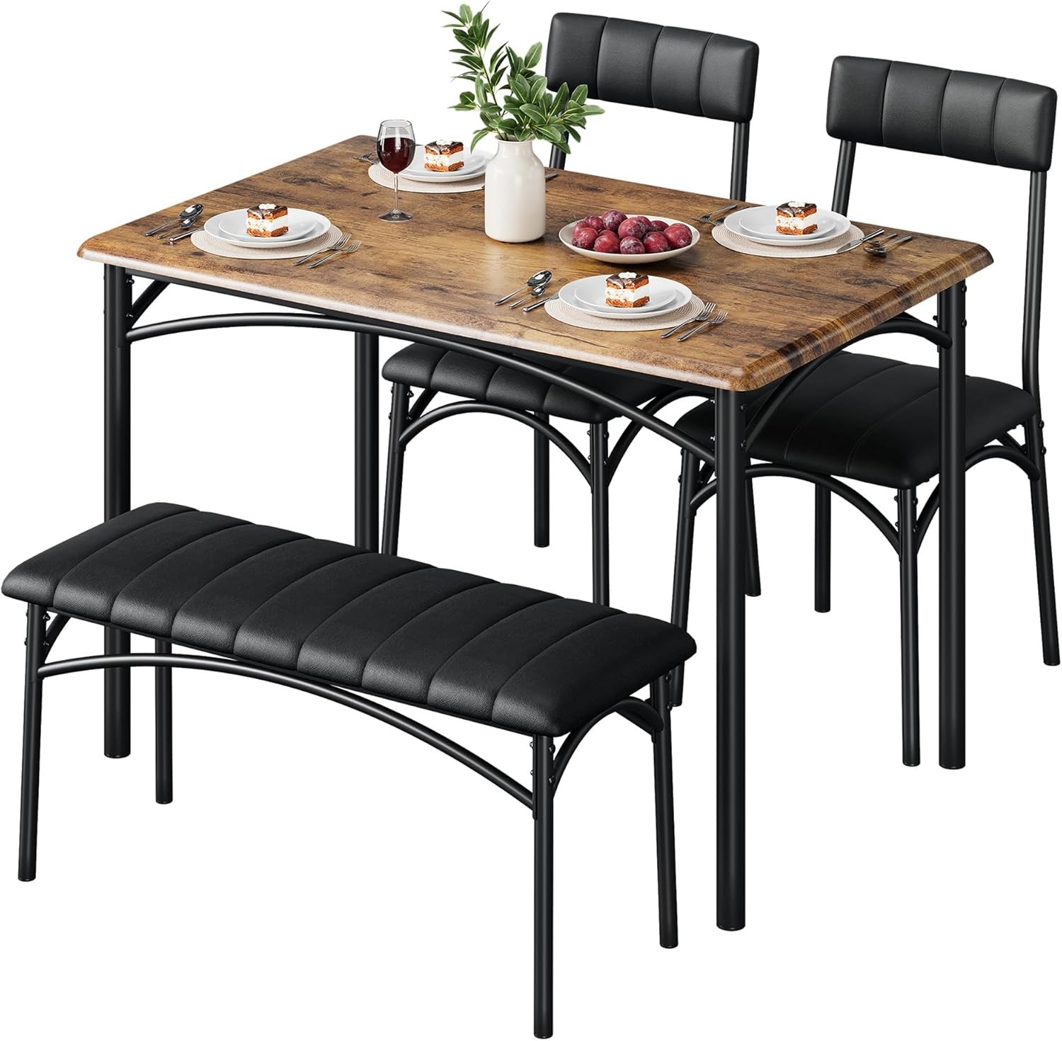 Dining Table Set 4 Space-Saving Wood Kitchen Table W/ Upholstered Bench & 2