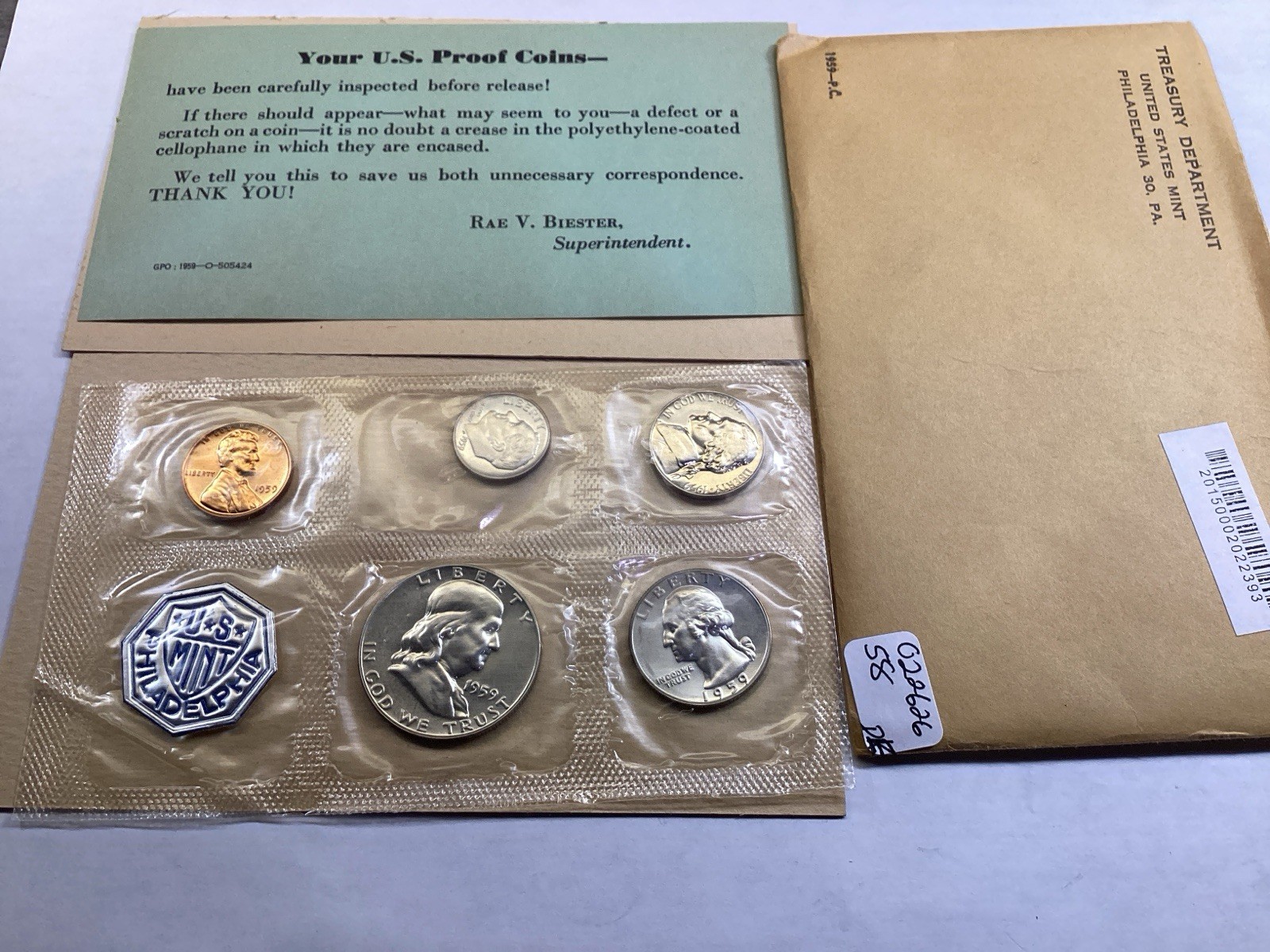 1959 US Mint Silver Proof Set in Flat Pack Envelope and Cello Sealed 022626 58de