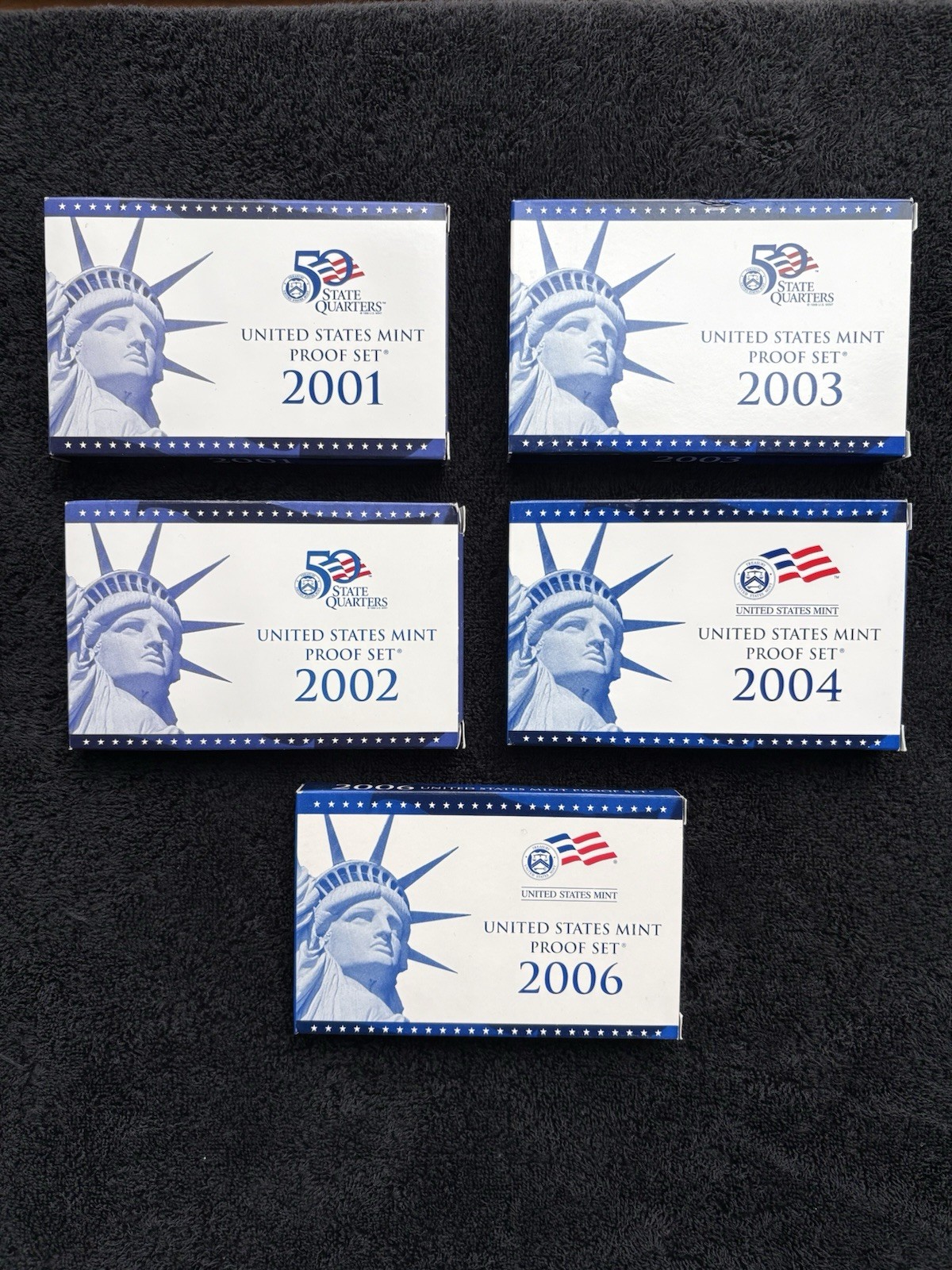 United States Mint Proof Sets 2001 2002 2003 2004 2006. Lot of 5 w/COAs & Boxes
