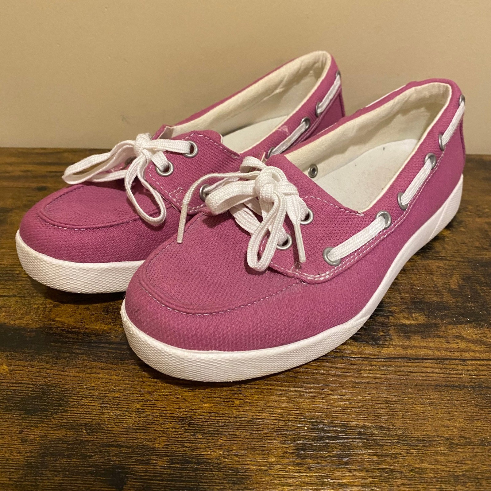 LL Bean Womens Canvas Boat Shoes Pink Magenta Nautical Loafers 360 Lacing