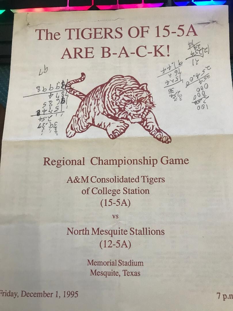 '95 A&M Cons.  vs. No. Mesquite 5A TX H.S. Football Regional Final Game Program